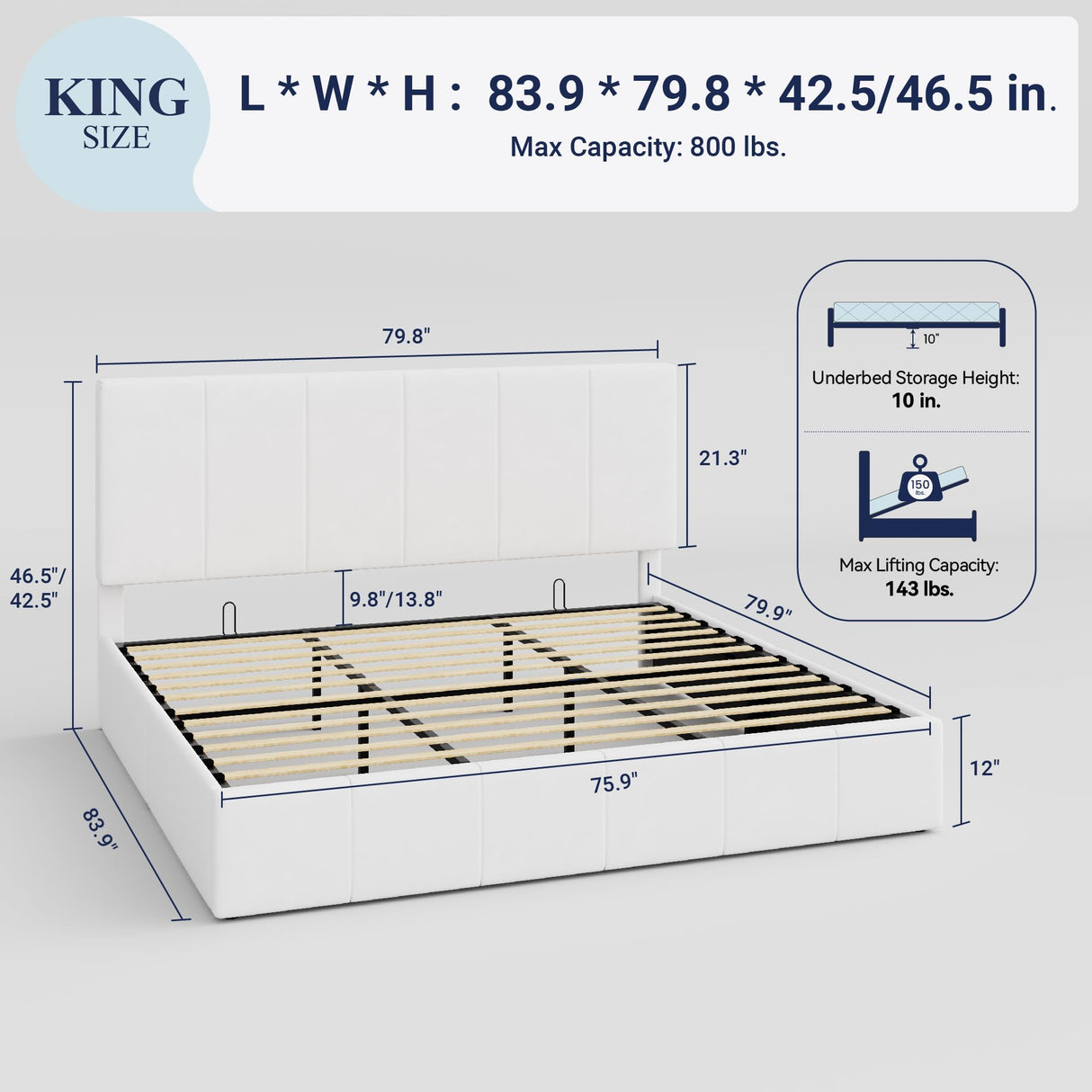 Allewie King Size Velvet Lift Up Storage Bed Frame, Vertical Channel Tufted Headboard, Hydrualic Underneath Storage, Upholstered Platform Bed, Wooden Slats Support, No Box Spring Needed, White Allewie