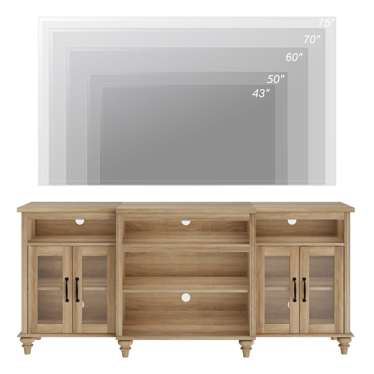 WAMPAT Farmhouse TV Stand for TVs Up to 75 inch, 4-Door Glass and Wood Universal TV Console with 9 Storage Cabinets, Oak Entertainment Center Table for Living Room Bedroom,70'' WAMPAT