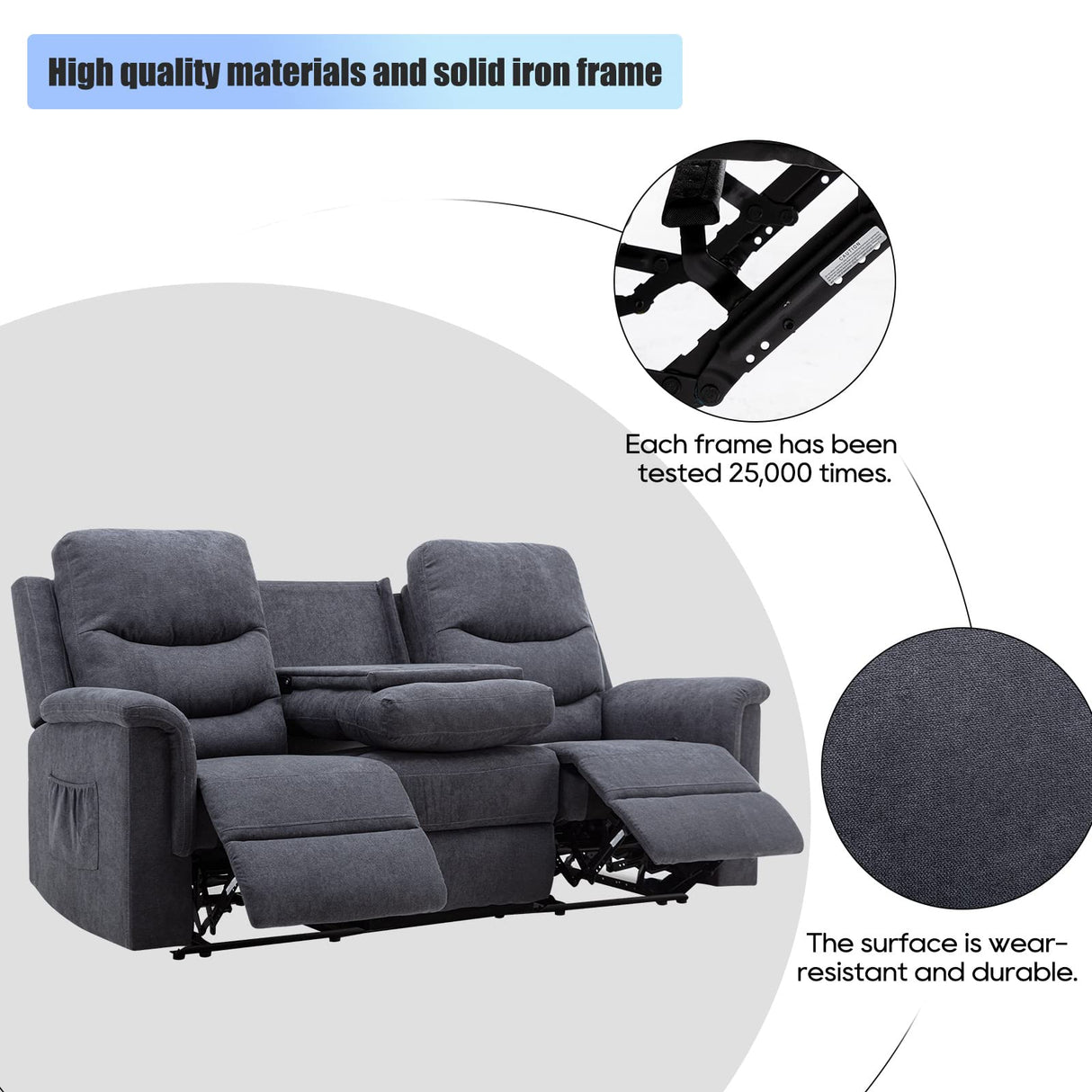 Consofa Reclining Sofa, Recliner Sofa 3 Seater with Flipped Middle Backrest, 2 Cup Holders, Manual Wall Hugger Couches for Living Room, Home Theater Seating Loveseat Recliner Sofa Consofa
