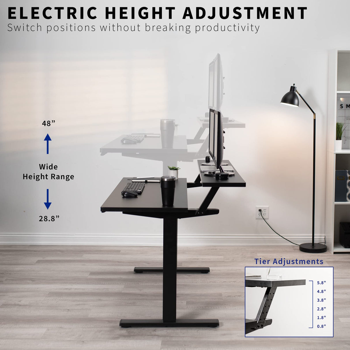VIVO Electric 2-Tier Height Adjustable 55 x 30 inch Stand Up Desk, Dual Tier Adjustable Shelf Table Top, Standing Workstation with Memory Controller, Home and Office Furniture, Black, DESK-KIT-1B2TB VIVO
