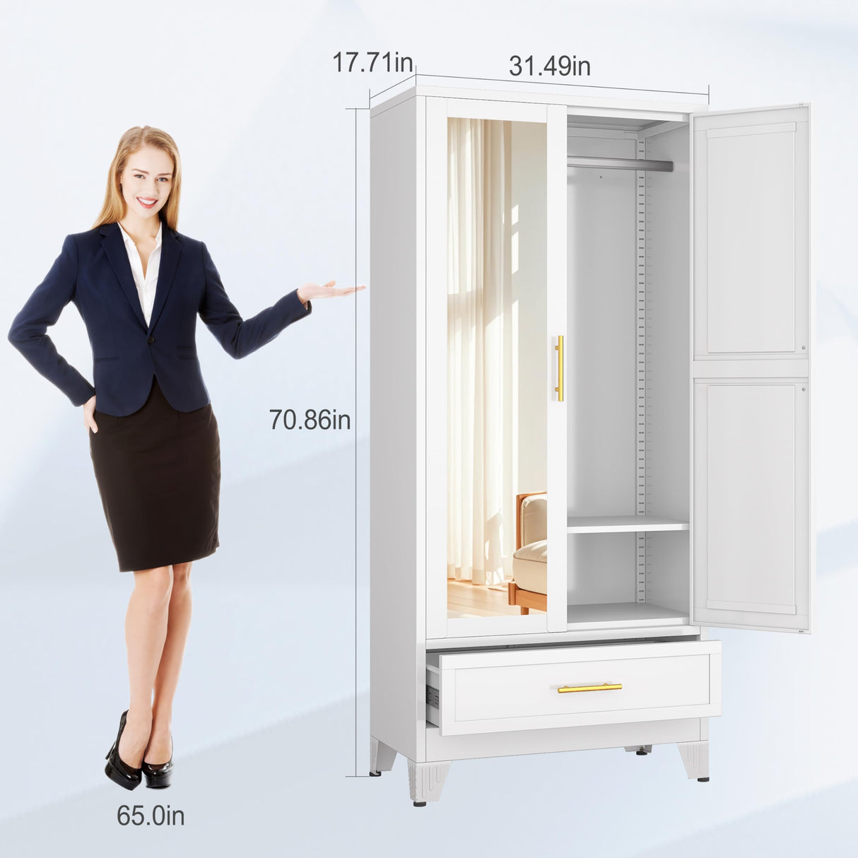 erosoei 71" H Metal Armoire Wardrobe Closet with Mirror,Household Steel Wardrobe Cabinet with Drawers,Clothing Storage Wardrobe Cabinet with Adjustable Shelves and Hanging Rod for Bedroom(White) erosoei