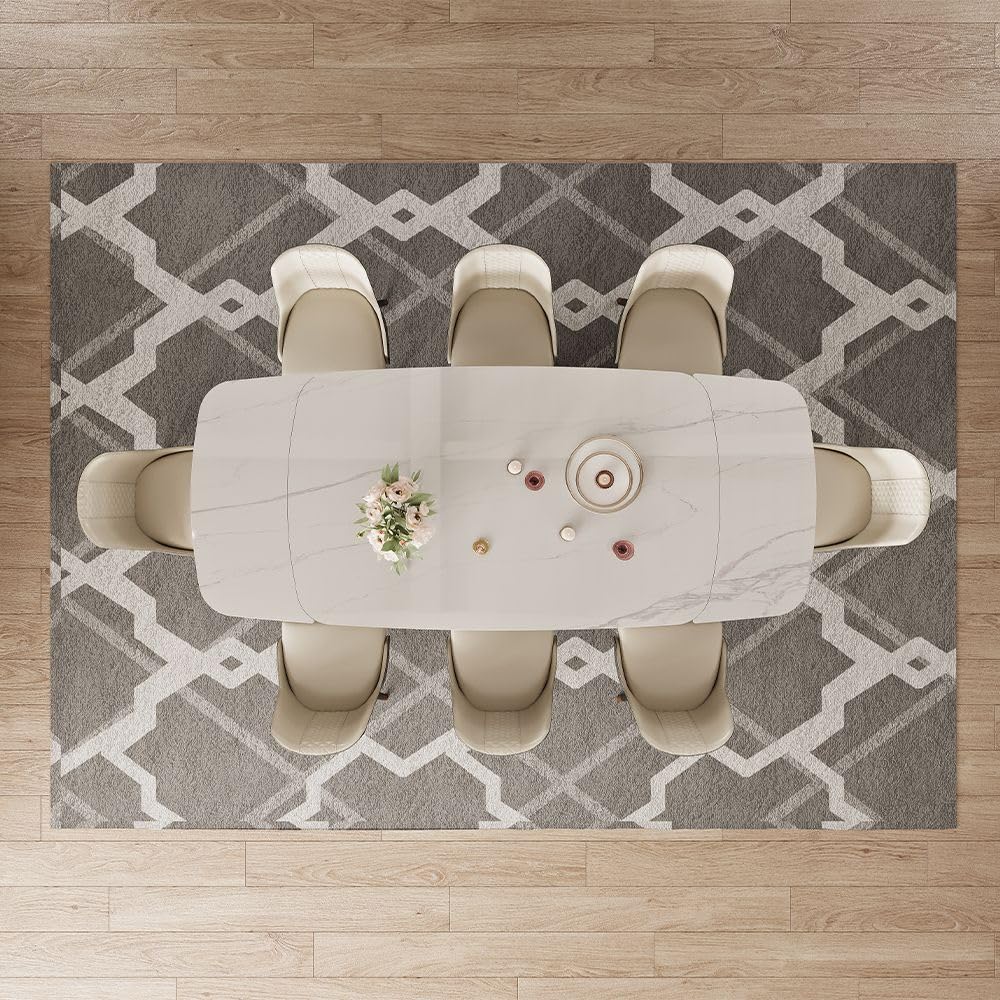 POVISON Dining Table, Extendable Dining Room Table for 6 to 10, 93.7" Hobart Modern Dining Table, White Rectangular Glossy Sintered Stone Tabletop for Dining Room, Gray Carbon Steel Leg(Table Only) POVISON