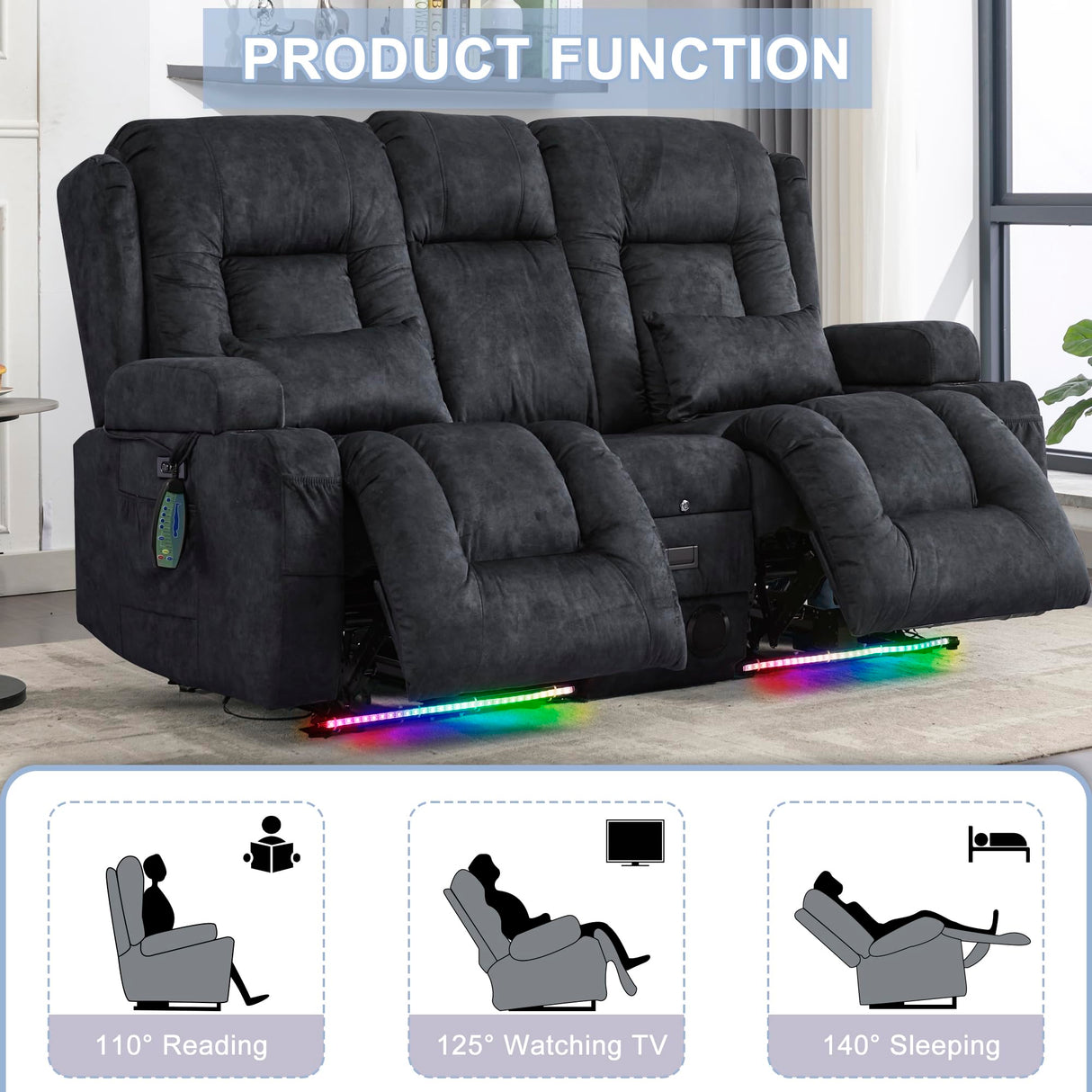 URRED Loveseat Recliner Sofa with Massage and Heat, Power Reclining Loveseat Sofa RV Couch with Console, Home Theater Seating with LED Lights, Bluetooth Speakers, USB, Outlets, Velvet, Dark Grey URRED