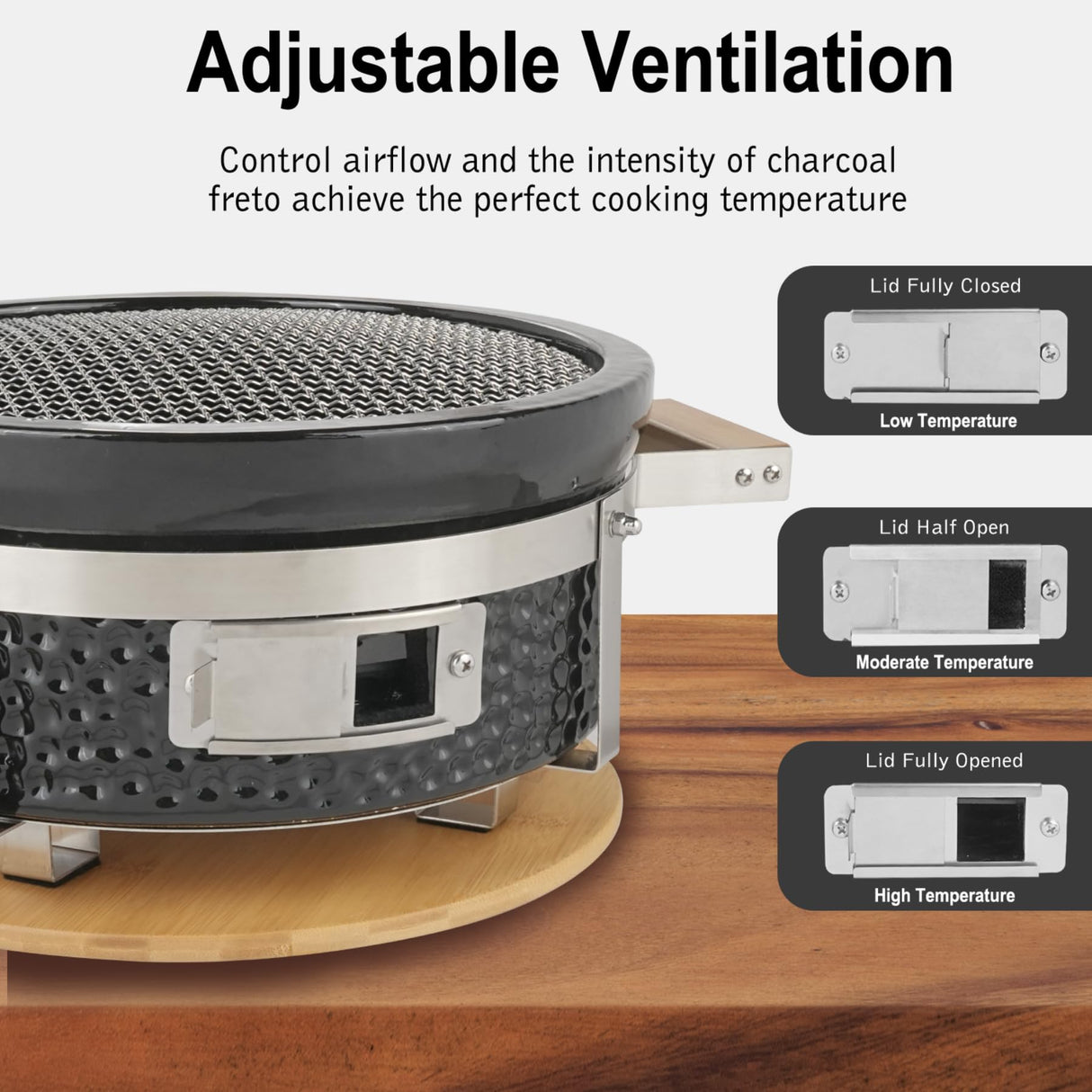 AUPLEX Yakitori Ceramic Charcoal Grill, Japanese Style Tabletop BBQ With Bamboo Heat Shield For Indoor/Outdoor, Round, DIA-14” AUPLEX