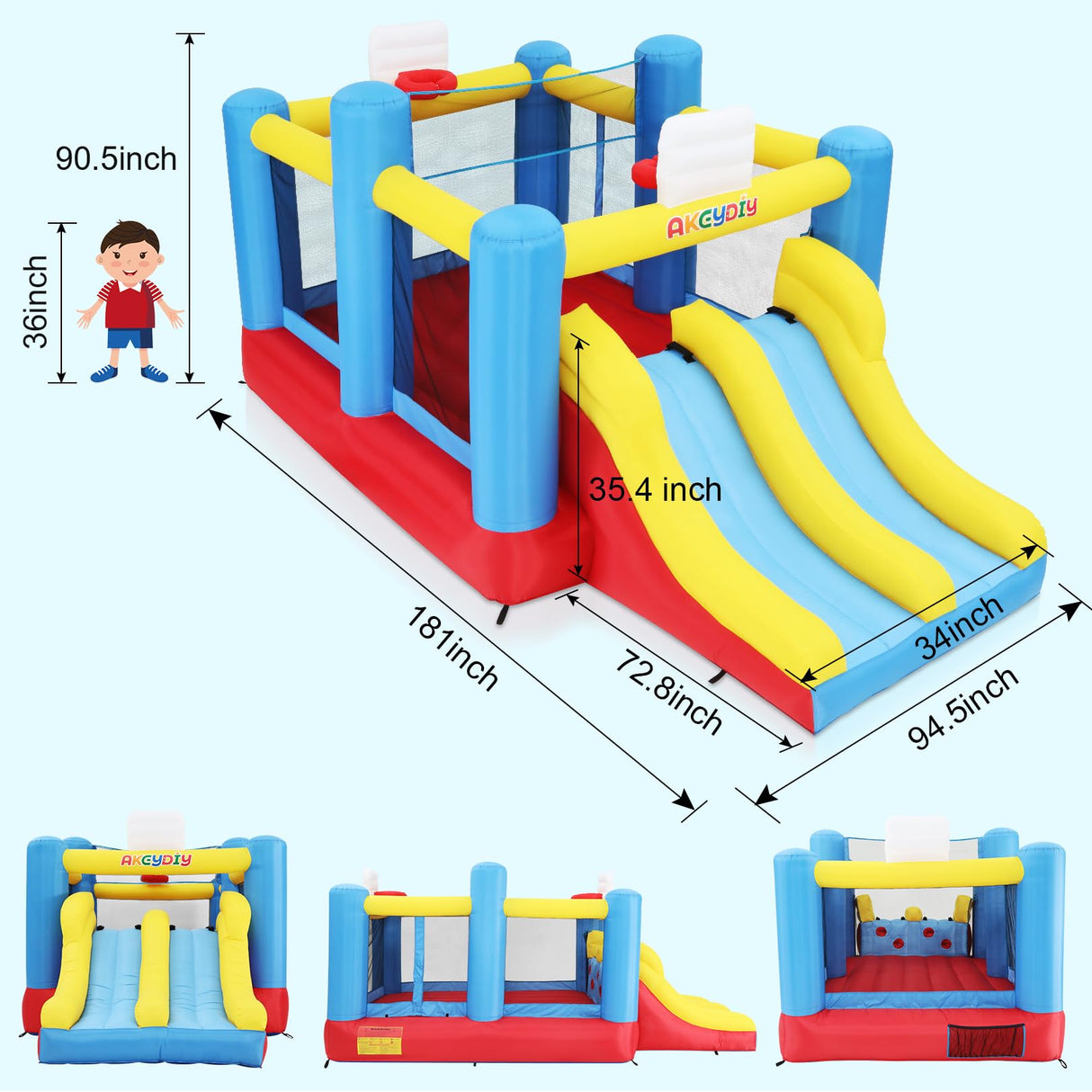 Big Bounce House for Kids 8-12 Girls/Boys Gifts, 15ft Ball Game Inflatables Bouncy House with Double Slide 3-12 Bouncy Castle with Blower, Jump House with Slide, Double Basketball Hoop AKEYDIY