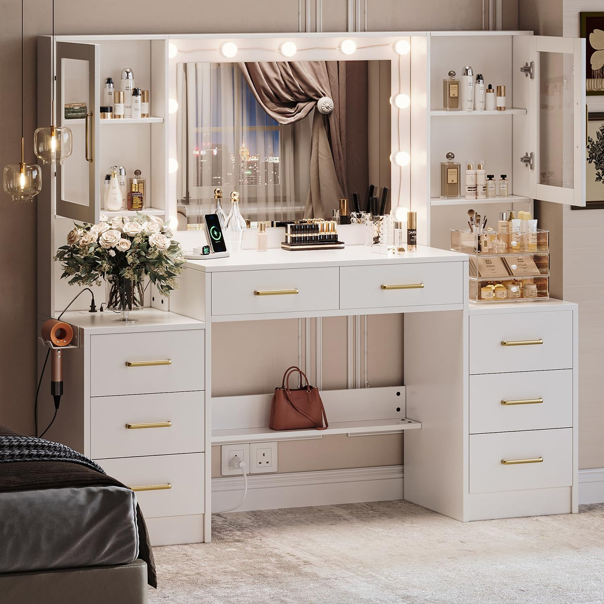 58.3" Makeup Vanity Desk with Charging Station, White Makeup Dressing Table with Mirror & Lights, 3 Lighting Modes Adjustable Brightness, Vanity Table with Power Outlet & 8 Drawers without Stool lertrugs