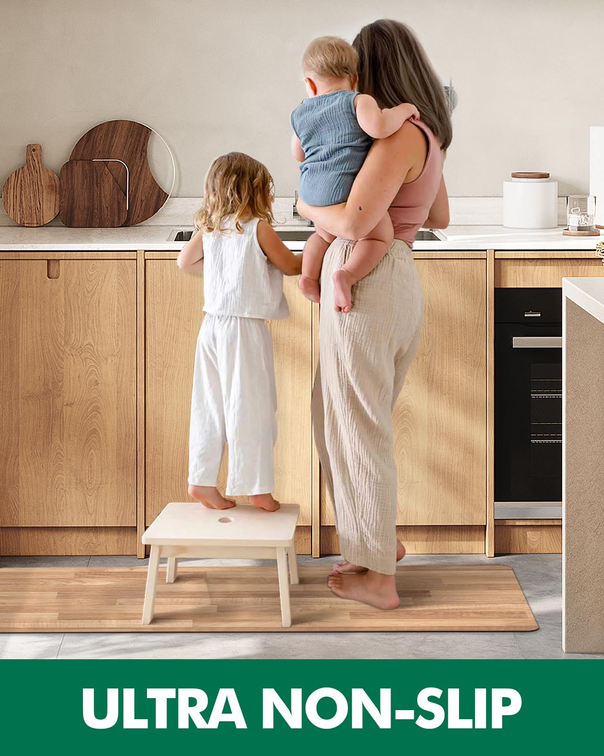 LUMI Wood Grain Kitchen Mat - Teak-Like, Non-Slip, Quick-Dry, Washable, Waterproof, Low-Profile Standing Rug for Kitchen, Home, and Office, 23.5"x15.5" LUMI