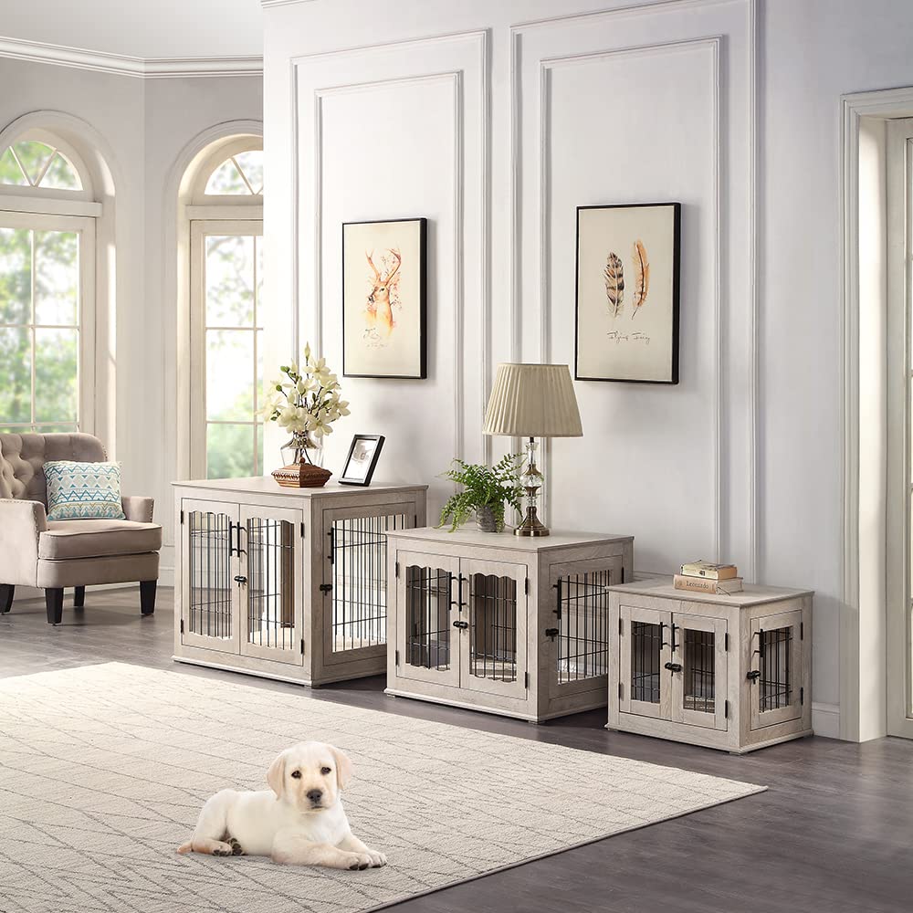 beeNbkks Furniture Style Dog Crate End Table, Double Doors Wooden Wire Dog Kennel with Pet Bed, Decorative Pet Crate Dog House Indoor Medium Large beeNbkks