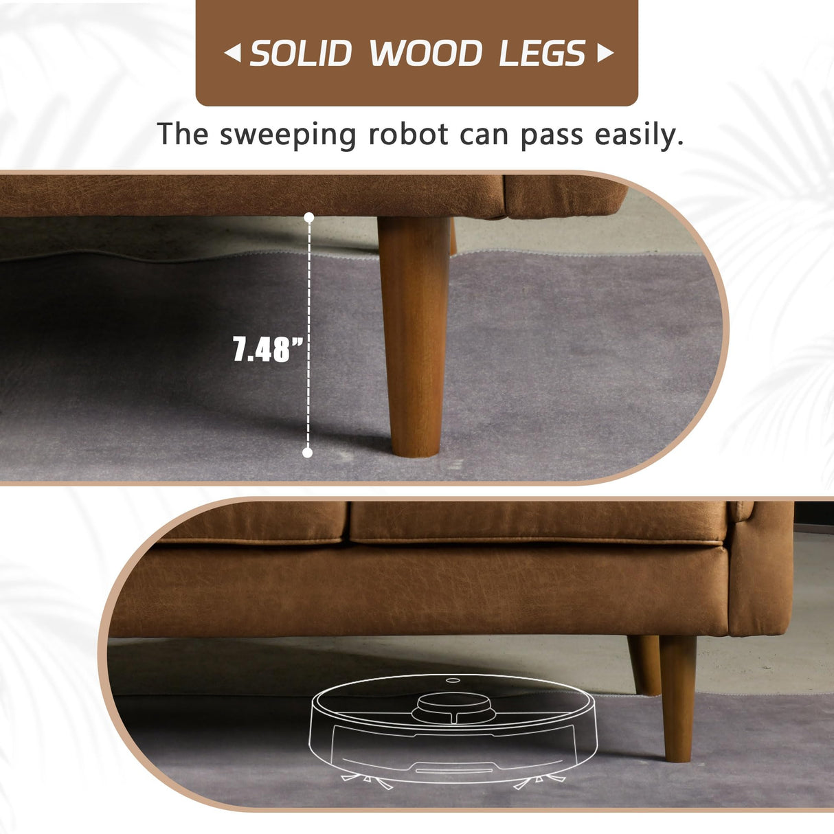 72'' 3-Seater Deep Seat Sofa Couch, Mid-Century Modern Couch, Brown Faux Leather Small Couch for Apartment, Living Room, Bedroom(Light Brown) weaxty W