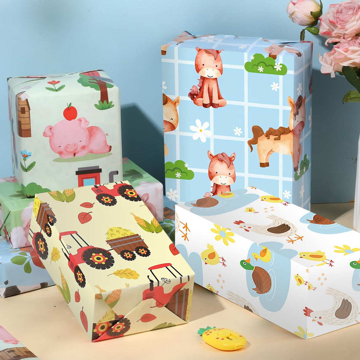 12 Sheets Farm Animal Wrapping Paper - Farmhouse Themed Gift Wrap with Pigs, Cows, Sheep, Chickens, Folded Flat Packaging Paper for Birthdays, Showers, Holidays, DIY Craft, 19.7 x 27.6 Inches Pineraap