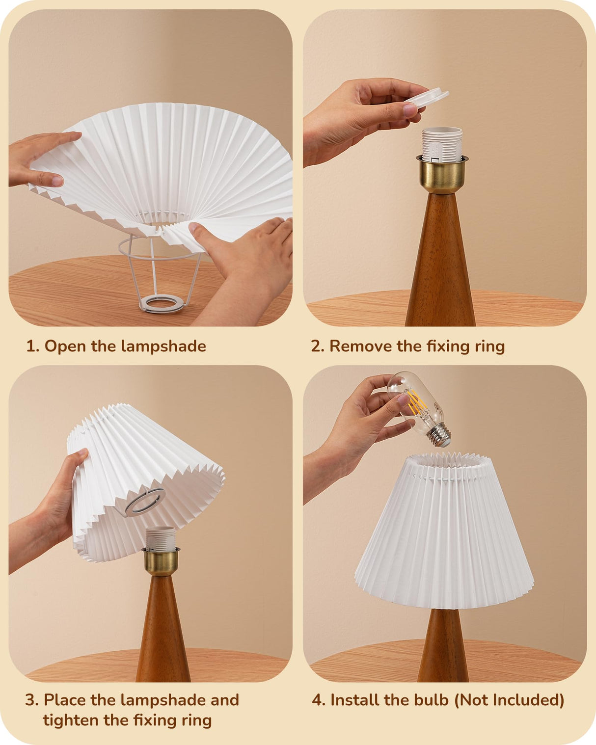 EDISHINE 13.58" Small Table Lamp, Wooden Base Nightstand Lamp, White Pleated Lampshade, Space-Saving Modern Bedside Lamp for Nursery Kids Room Bedroom Living Room, E26, ON-Off Button, Dark Rosewood EDISHINE