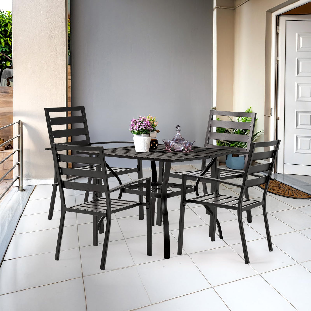 VINGLI 5-Piece Outdoor Dining Set, Metal Patio Dining Set for 4, Square Dining Table with Umbrella Hole & 4 Patio Chairs for Porch, Balcony and Backyard VINGLI