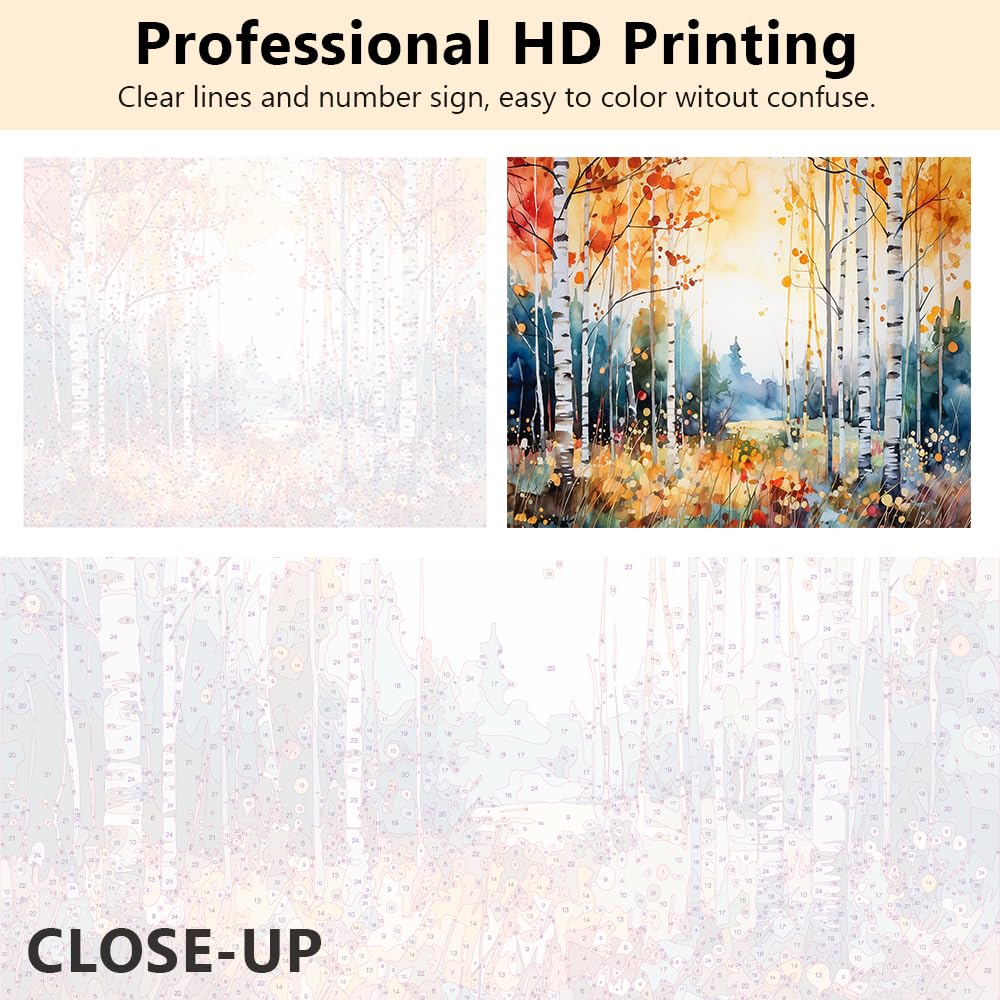 Paint by Numbers Birch Forest in Autumn Season DIY Paint by Numbers Kit for Adults and Kids DIY Canvas Painting by Numbers Watercolor Oil Painting Acrylic Painting Arts and Craft Framed 16x20 Inch TUMOVO