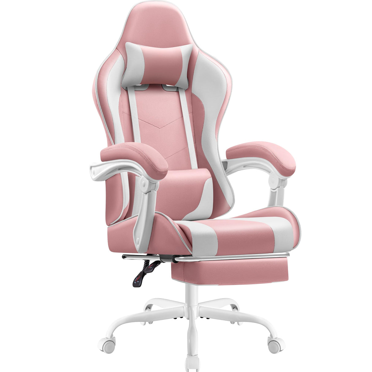 Shahoo Gaming Chair with Footrest and Massage Lumbar Support, Video Racing Seat Height Adjustable with 360°Swivel and Headrest for Office or Bedroom, Pink Shahoo