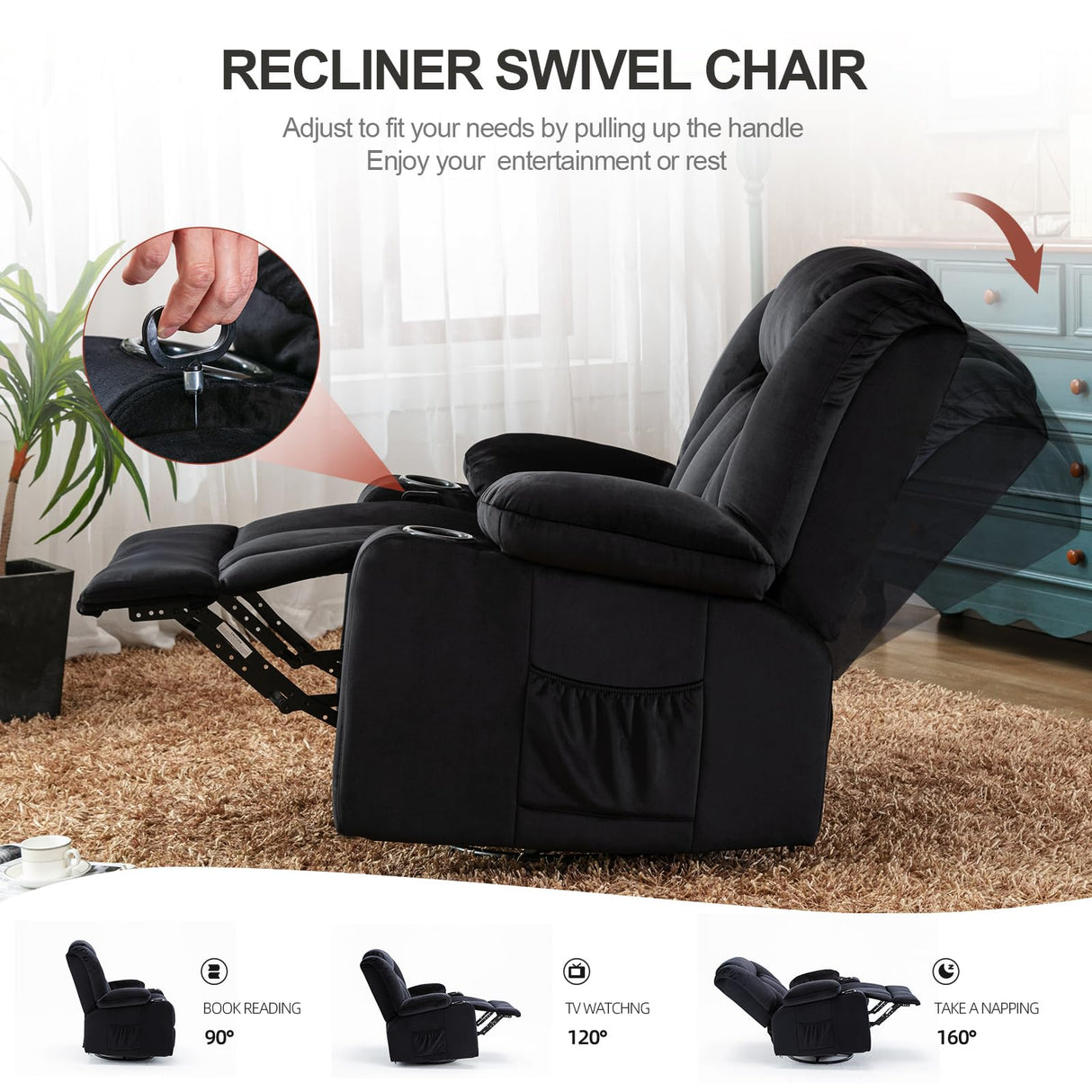 COMHOMA Recliner Chair,360° Swivel Rocker Glider Recliners with Cup Holders, Upholstered Fabric Rocking Chair for Adults,Manual Reclining Single Sofa for Living Room,Black COMHOMA