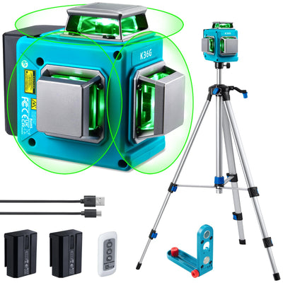 KEZERS Laser Level with Tripod,3 x 360 Self Leveling Laser Level, Green Laser Level Line Tool for Picture Hanging,Construction,Remote Controller,Rechargeable Battery,L-Bracket & Carry Pouch Included