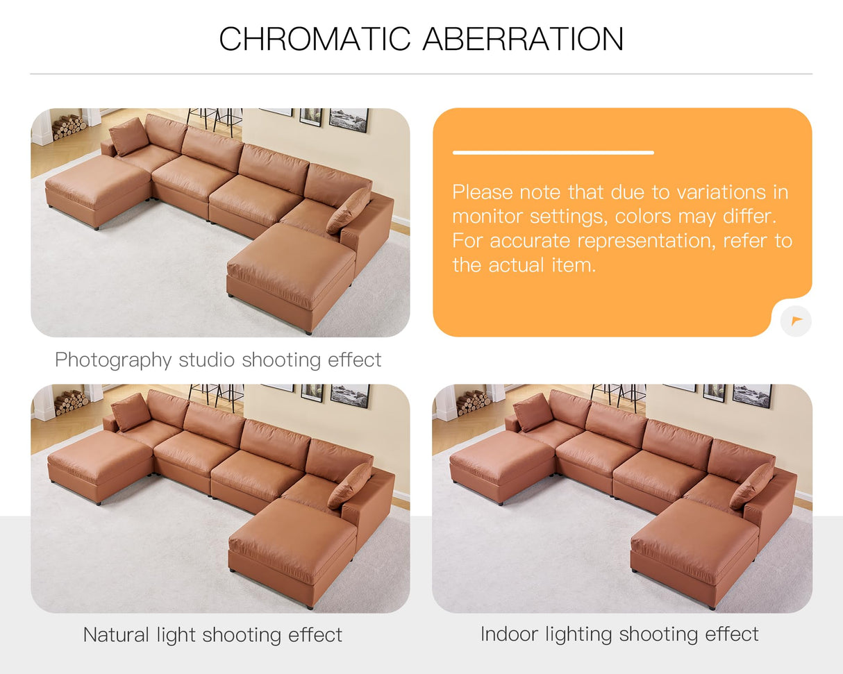PaPaJet Modular Sectional Sofa, 114 Inches Down Filled Sectional Sofa, 4 Seats L Shaped Cloud Couch with Chaise, Ottoman, Oversized Sofa for Living Room Apartment, Brown Anti-Scratch Leathaire Couch PaPaJet