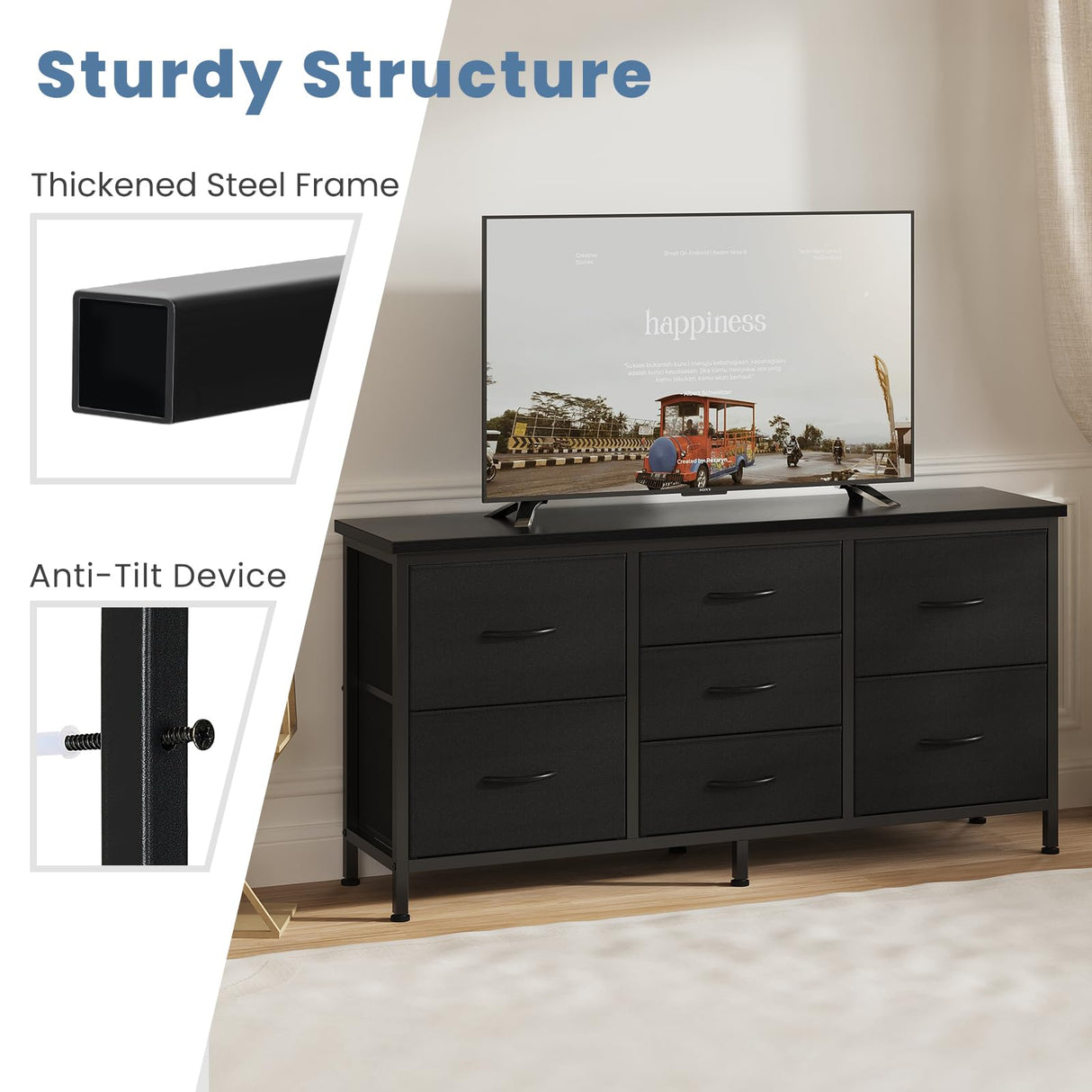 DUMOS TV Stand 7 Drawer Dresser for Bedroom with Storage TV Stands for Living Room Black, Farmhouse Entertainment Center Media Console Table with Metal Frame Adjustable Feet DUMOS