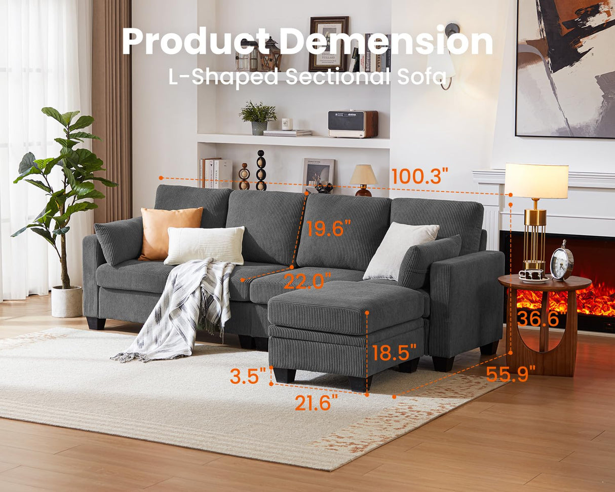 CHIC HOUSE Corduroy Modular Sectional Couch with Ottoman Chaise, L/U Shaped Sleeper Sofa for Living Room, Apartment, Lounge, Modern Armrest Neck Support Furniture (5 Seater Sectional, Dark Grey) CHIC HOUSE