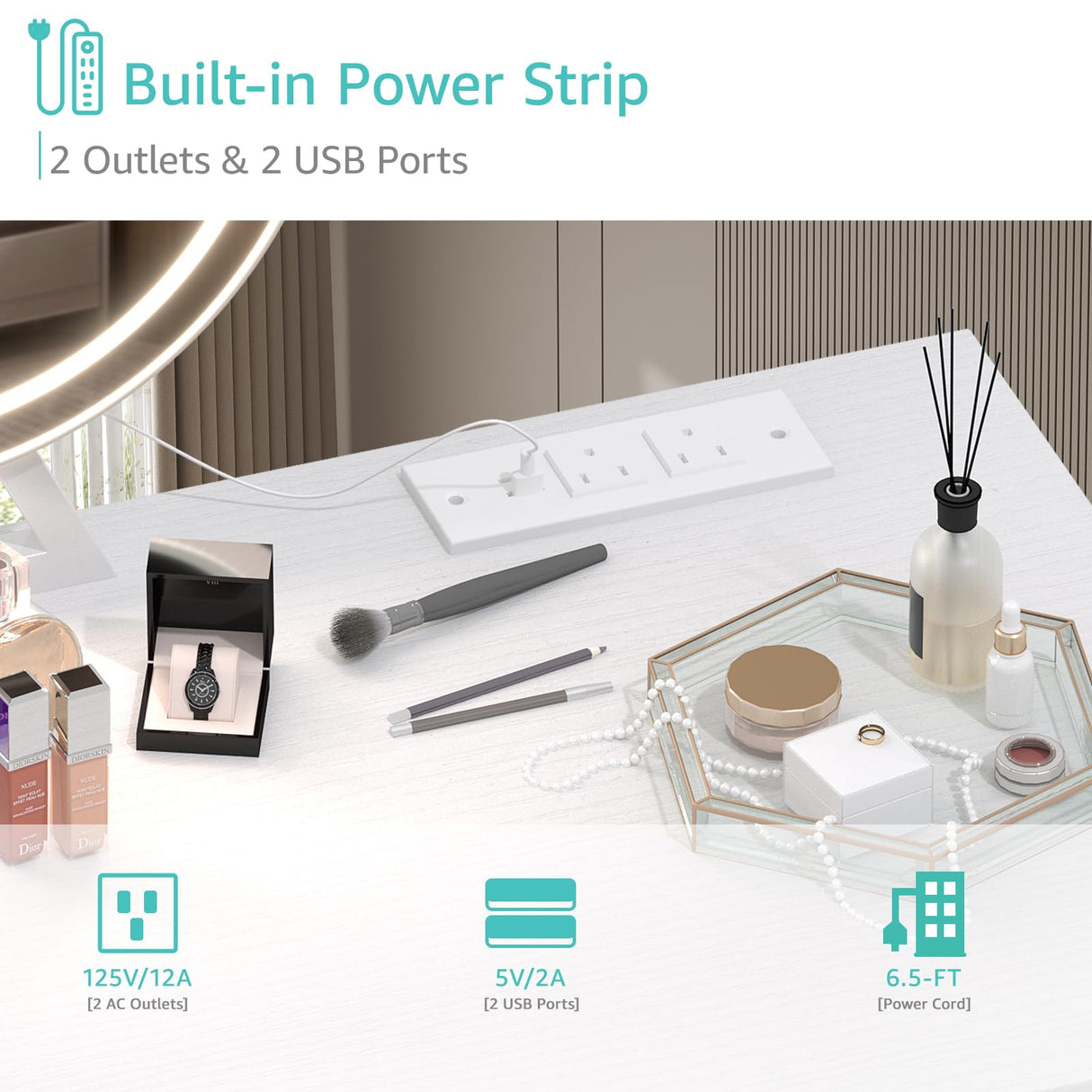 Lufeiya White Makeup Vanity Desk with Mirror and Lights, 40 inch Make Up Vanity Desks with Fabric Drawers & Power Outlet, Dressing Table and Chair Set for Girls Bedroom, White Lufeiya