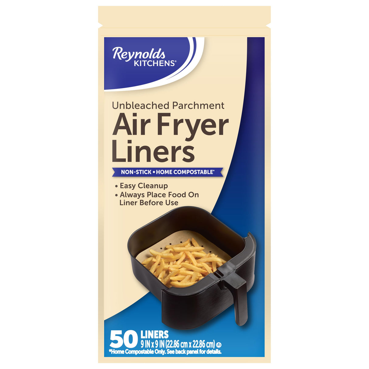 Reynolds Kitchens Air Fryer Liners Disposable, Unbleached Parchment Paper Sheets, 50 Count Reynolds