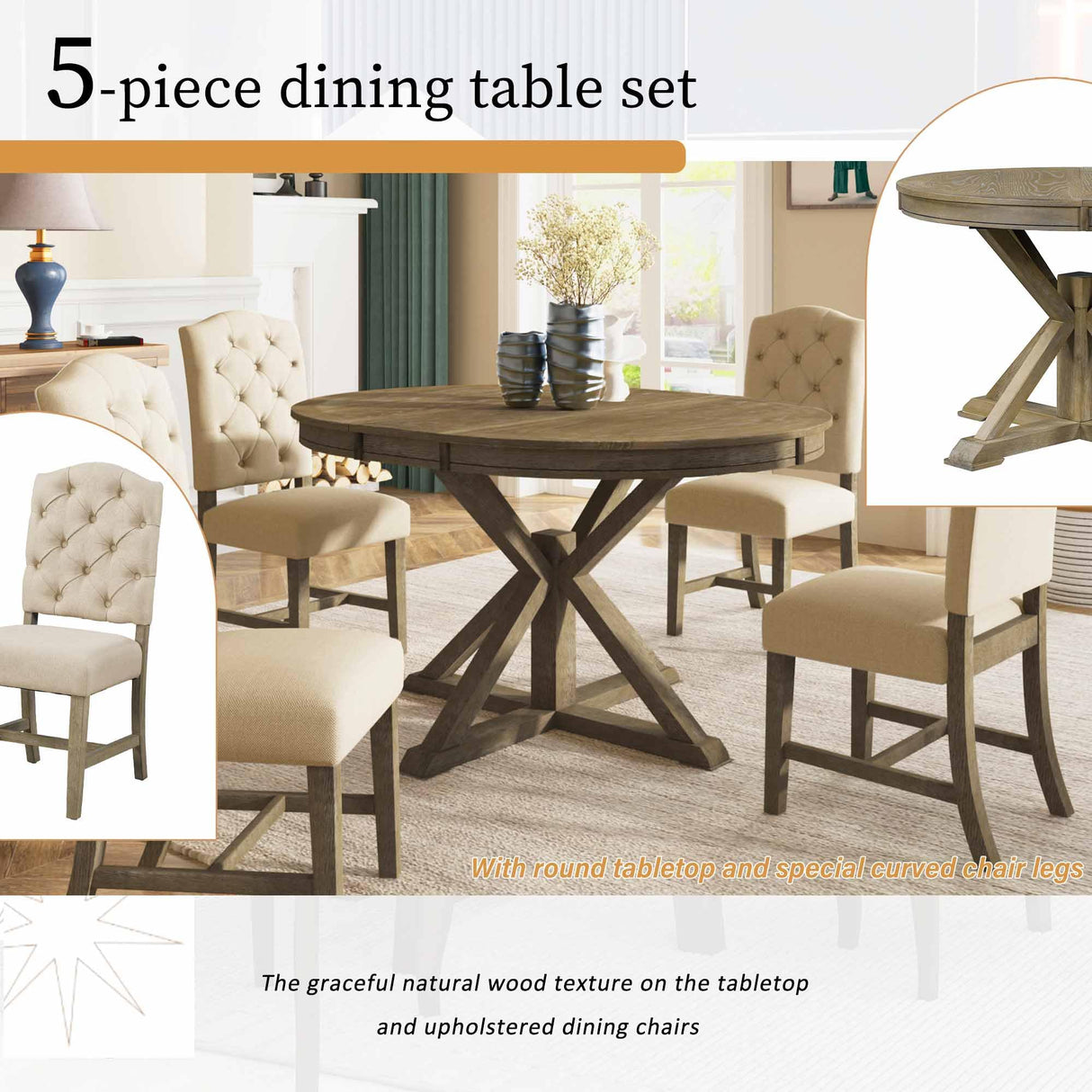 Retro Style 5-Piece Round Dining Table Set for 4,Extendable Table with 4 Upholstered Chairs for Dining Room,Living Room,Kitchen,54" Dining Table + 4 Dining Chairs(Oak Natural Wood + Off White) WIIS' IDEA