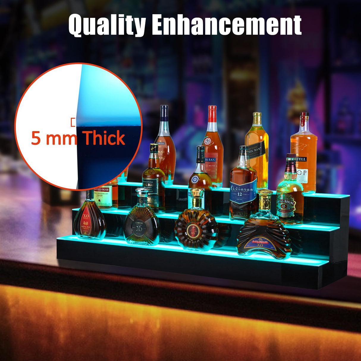 Takywep LED Lighted Liquor Bottle Display Shelf, 30-inch Bar Shelves with Remote & App Control, 3-Step Acrylic Lighted Bottle Display Stand for Home Commercial Bar Takywep