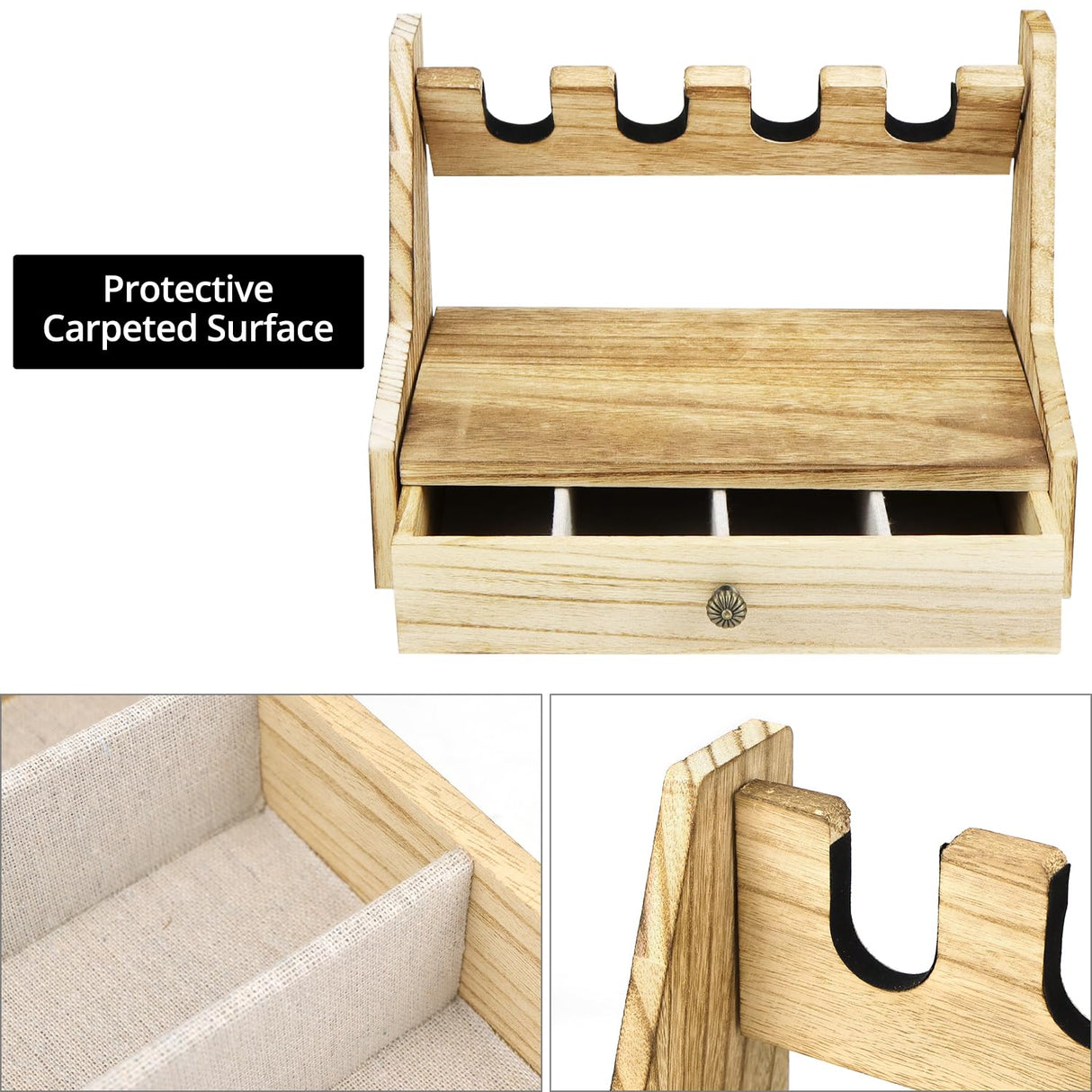 QWORK Wood Pistol Rack Gun Safe - Handgun Rack for Gun Cabinet Storage, with Additional Magazine and Bullet Storage Drawer, 12.2" x 7.6" x 8.5", Pistol Rack Holder, Gun Rack Organizer QWORK