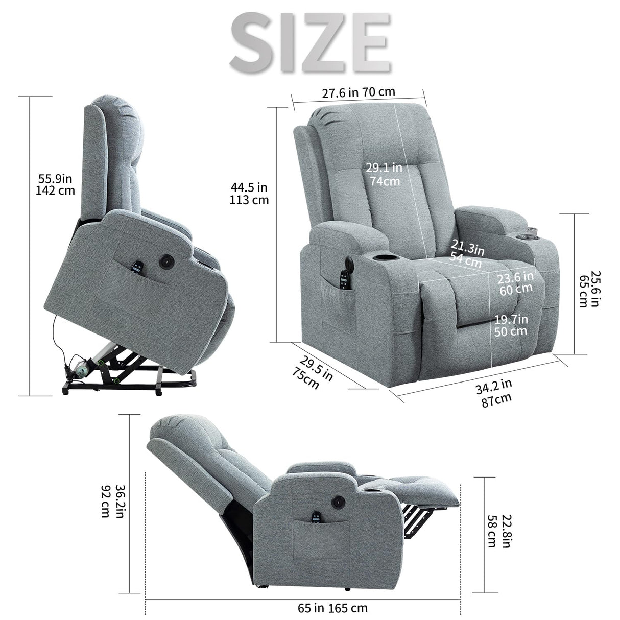 Trustyue 2024 Power Lift Recliner Chair with Heat and Massage for Elderly, Electric Recliner Chairs with Standing Assistance, 2 Cup Holders, 4 Pockets, USB Charge Port, Linen Fabric Teal Gray Trustyue