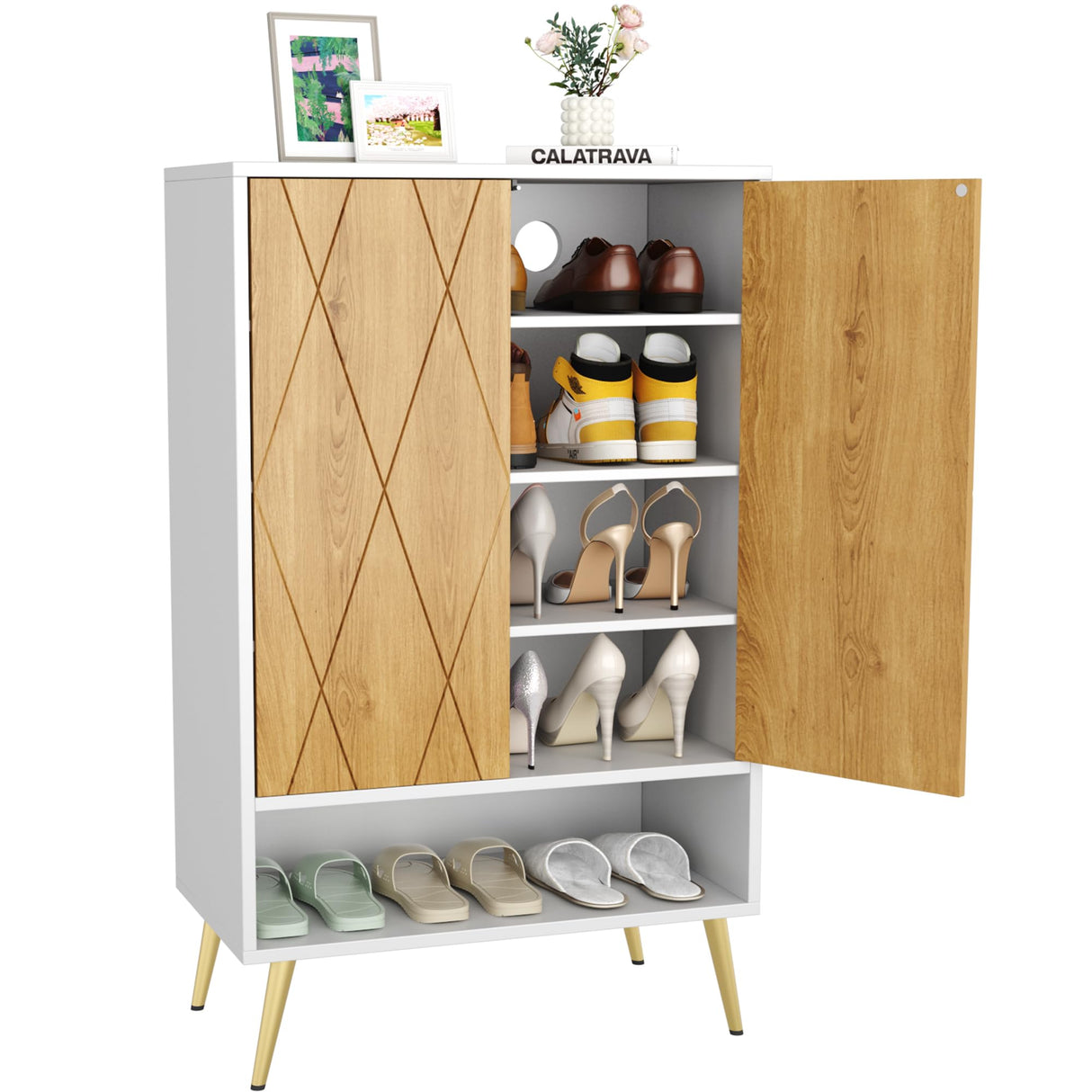 HOMEFORT Shoe Cabinet,15 Pairs Shoe Rack Organizer Cabinet, Shoe Storage Cabinet for Narrow Entryway Closet,6-Tier Modern Shoe Organizer with Double Doors and Adjustable Shelf (White Oak) HOMEFORT