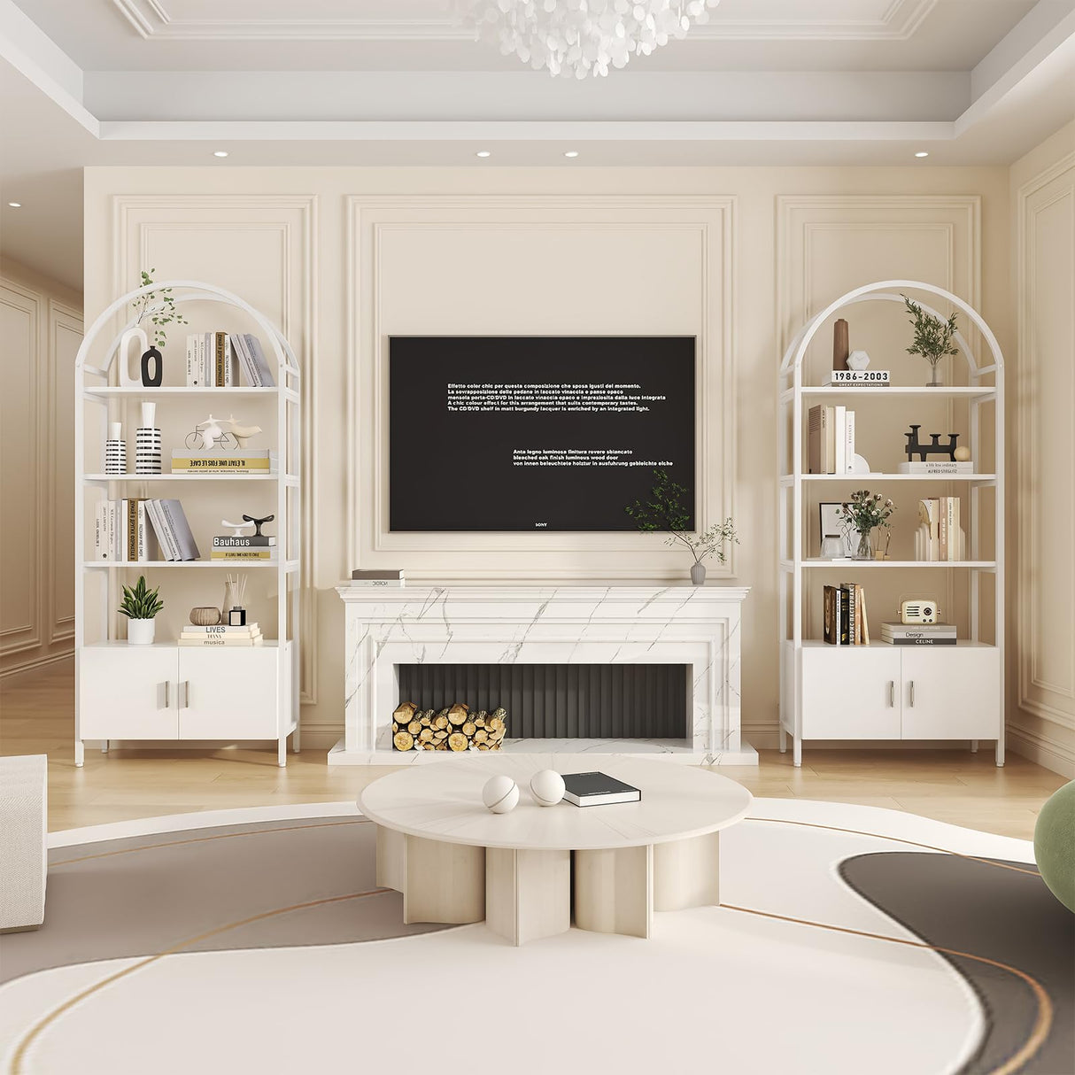 Saudism Arched Bookshelf with Doors, 71" Tall Industrial Bookcase with Sturdy Metal Frame, Freestanding Display Shelving Unit, White Geometric Book Shelf for Lving Room, Bedroom, Home Office Saudism