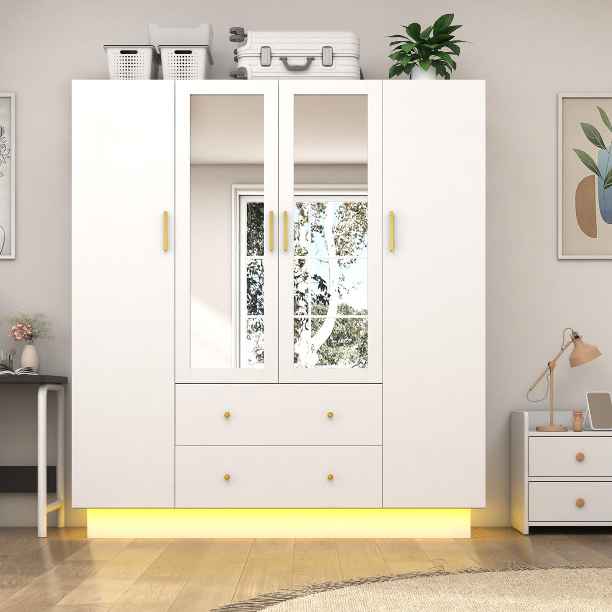 jiteentarou 4 Door Wardrobe Closet with Mirrors and LED Lights, Bedroom Armoire with Drawers and Shelves, Modern Wooden Armoire Wardrobe Closet with Hanging Rod for Bedroom, White jiteentarou