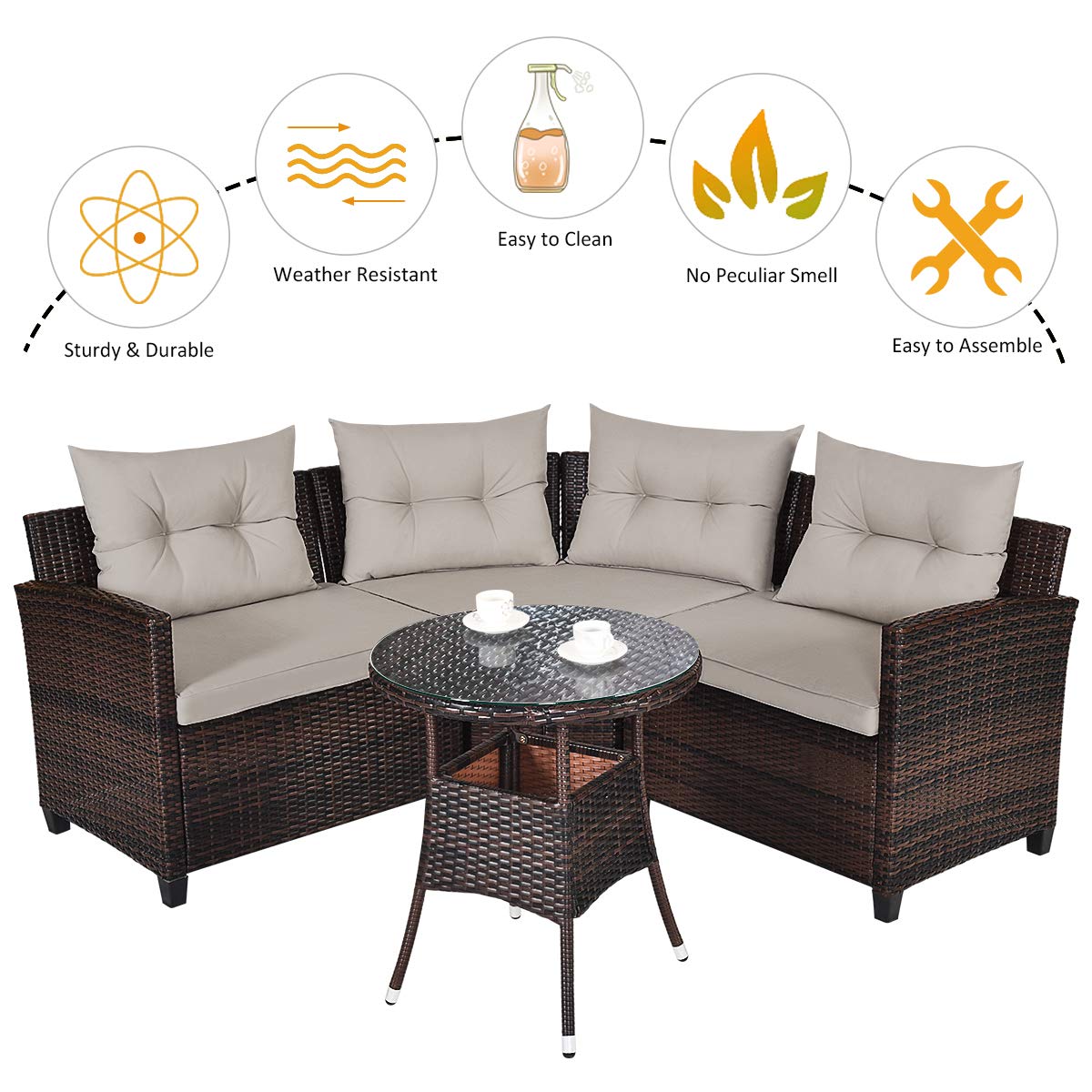 HAPPYGRILL 4 Pieces Curved Outdoor Sofa Set Rattan Wicker Patio Furniture Set with Coffee Table & Cushions Modern Conversation Set Curved Sofa Set for Garden Poolside Balcony HAPPYGRILL