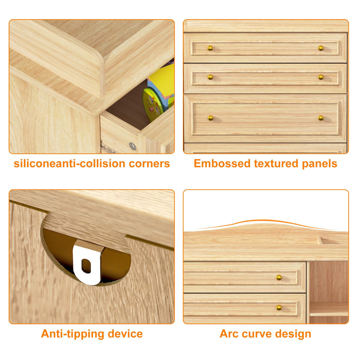 St.Mandyu Wood Changing Table Dresser, Baby Nursery Dresser, Baby Diaper Changing Table, 5 Drawers, Adjustable Shelves, Metal Handle, Curved Wrapping Design, Nature St.Mandyu