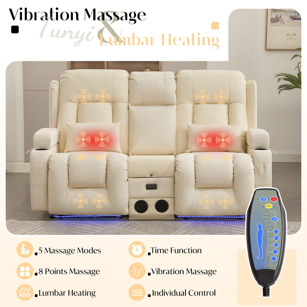 TUNYI Power Loveseat Recliner Sofa, Faux Leather Reclining Sofa with Console RV Reclining Loveseat Couch with USB/Outlet/Storage/Side Pocket/LED Light/Speaker (Cream White, Loveseat) TUNYI