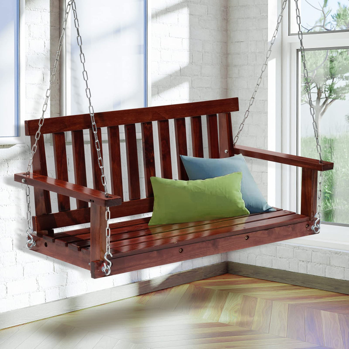 Heavy Duty Outdoor Wooden Porch Swings 4Ft/48in Bench Swing 800lb Weight Capacity, Durable Two Person Hanging Seating with Hanging Chains and Fixing Screw for Garden Backyard Lawn Balcony Deck,Brown CL.HPAHKL