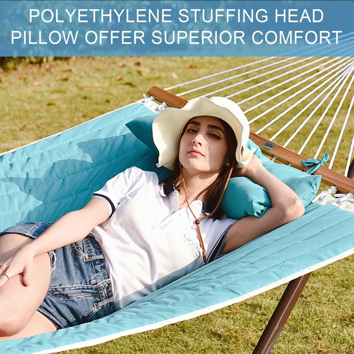 Lazy Daze Hammocks 12FT Quilted Fabric Double Hammock with Pillow, 2 Person Hammock with Spreader Bar for Outdoor Outside Patio Garden Yard Pool Beach (Blue) Lazy Daze Hammocks