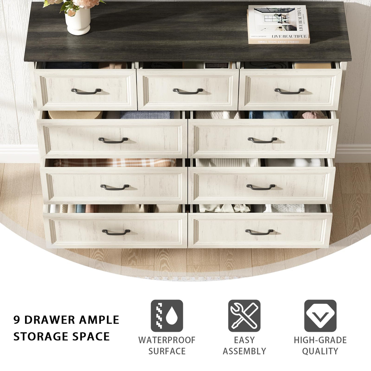 Farmhouse 9 Drawer Dresser for Bedroom, 55 Inch Wide Modern White Dresser TV Stand with Large Drawers & Bar Handles, Rustic Wood Chest of Drawers for Bedroom, Living Room, Hallway, Entryway. CARPETNAL