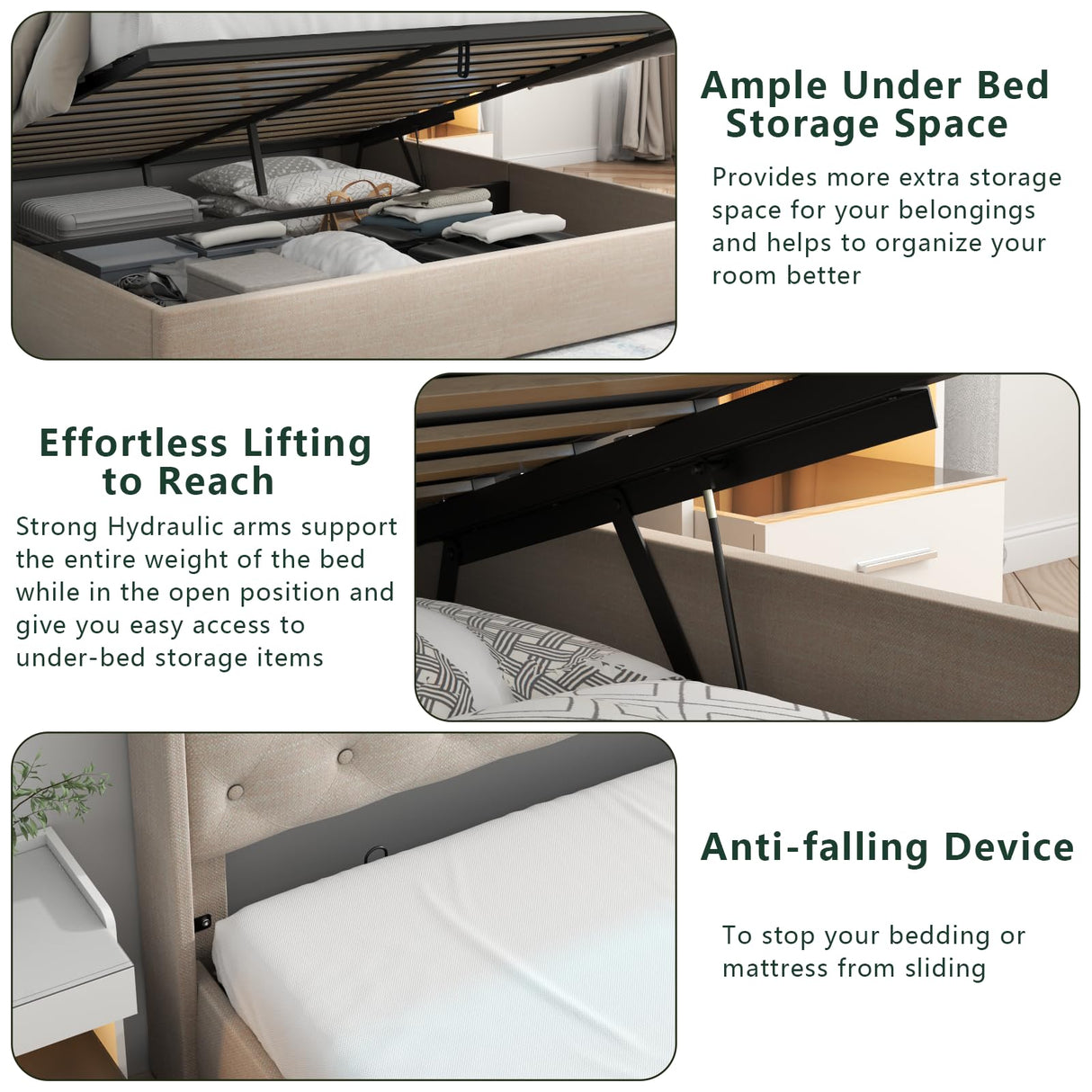 Loomie Upholstered Queen Bed Frame with Lift-Up Storage, LED Lights & Charging Station in Beige Loomie