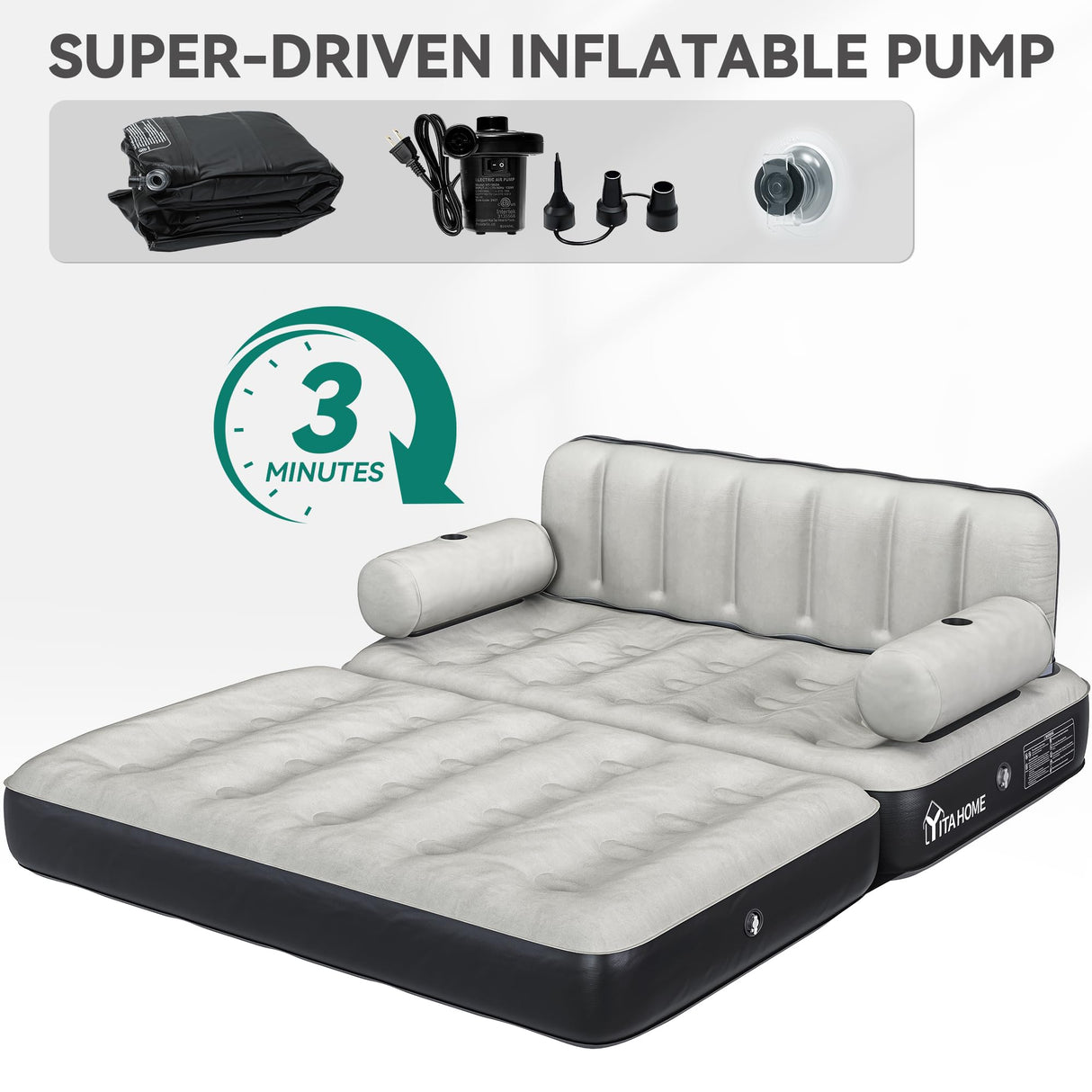 YITAHOME Queen Size Air Sofa Bed Mattress with Headboard and Pump, Blow Up Couch Inflatable Bed for Home Living Room, 79" x 60" x 25" (Expanded Size, Black) YITAHOME