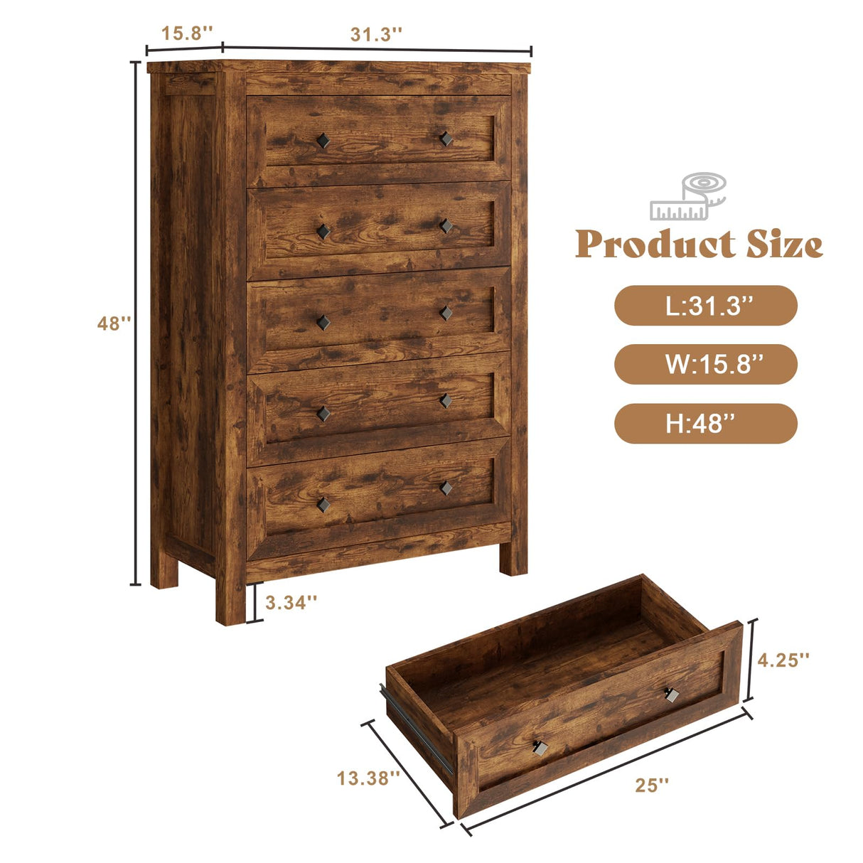 AMERLIFE 5 Drawers Dresser for Bedroom, Farmhouse Wood 47" Tall Dresser for Closet, Natural Texture Chest of Drawers for Bedroom, Living Room, Hallway and Entryway, Rustic Brown AMERLIFE