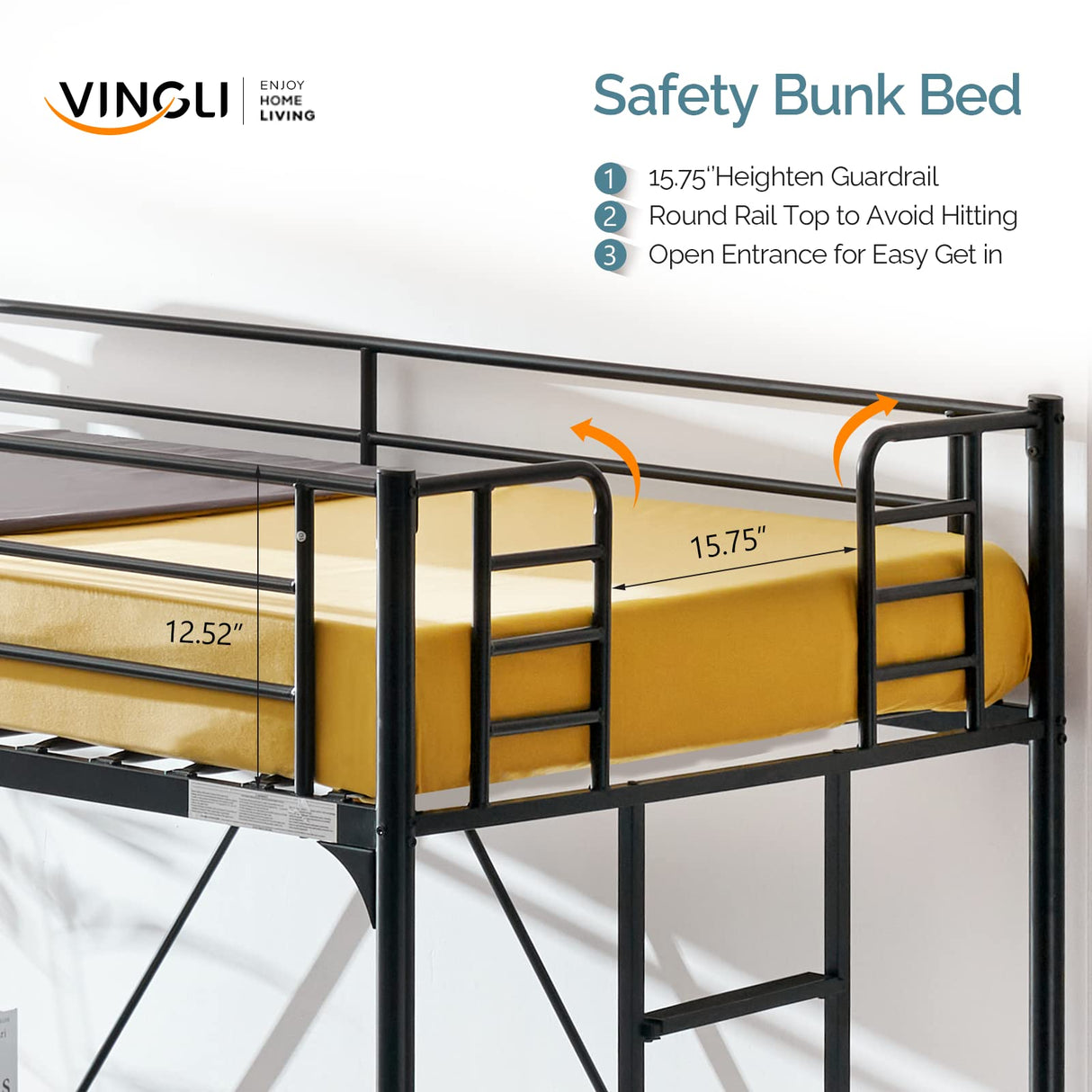 VINGLI Twin Loft Bed with Stairs - Sturdy Metal Bunk Bed with Safety Guard Rails in Black VINGLI
