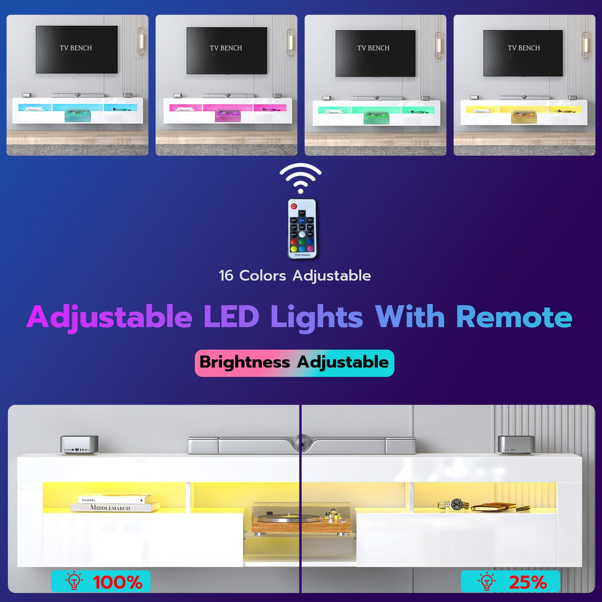 SIKHST Floating LED TV Stand for 85 Inch TV with Glass Shelves and Cabinet, 71 Inch Wall Mounted Modern Entertainment Center Media Console with Storage,White SIKHST