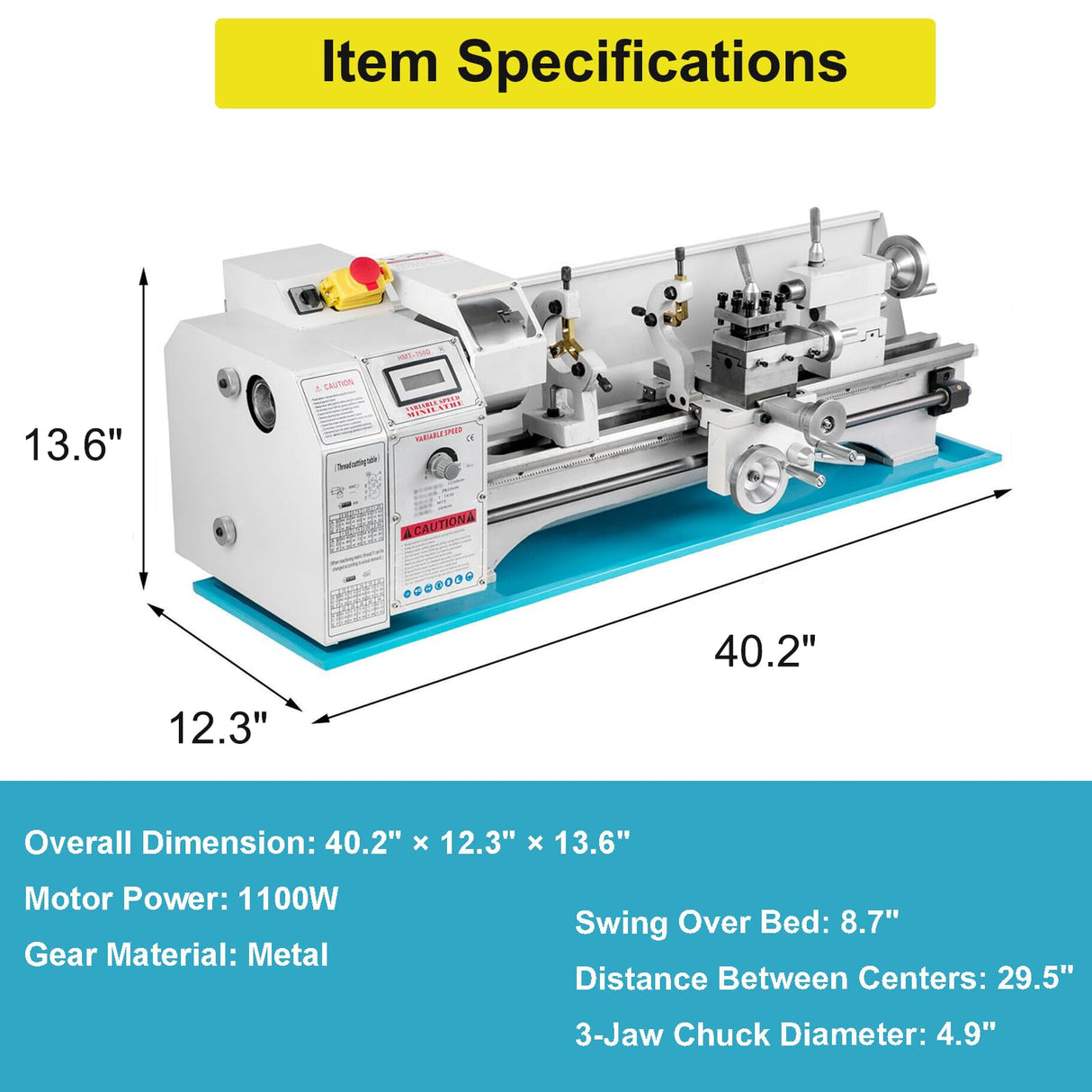 Mini Lathe Machine, 8.7"x 29.5" Mini Metal Lathe with 1100W Brushless Motor, 0-3000 RPM Variable Speed Benchtop Lathe, Mini Torno Para Metal with LED Screen, 3-Jaw Chuck SHENGJINSH