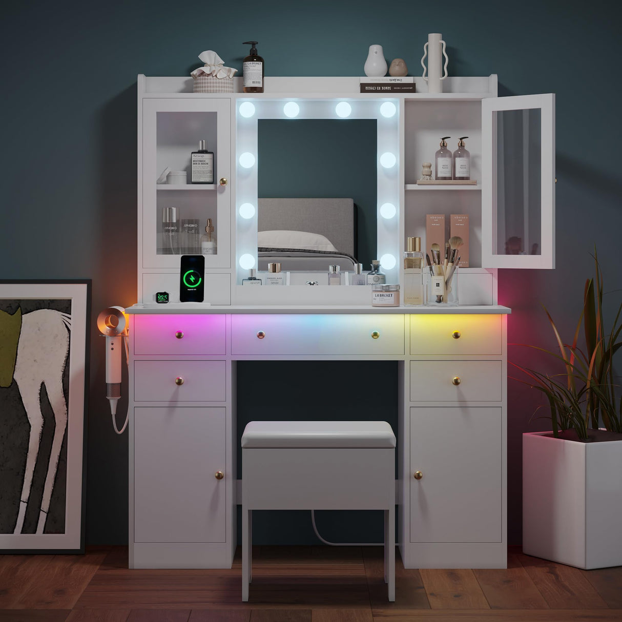 Makeup Vanity Desk with Mirror and Lights, White Vanity Table Set with Storage Drawers, Charging Station, Cabinets & Chair, Large Dressing Table with RGB Ambient Light for Women Girls Bedroom Bathroom Xixini