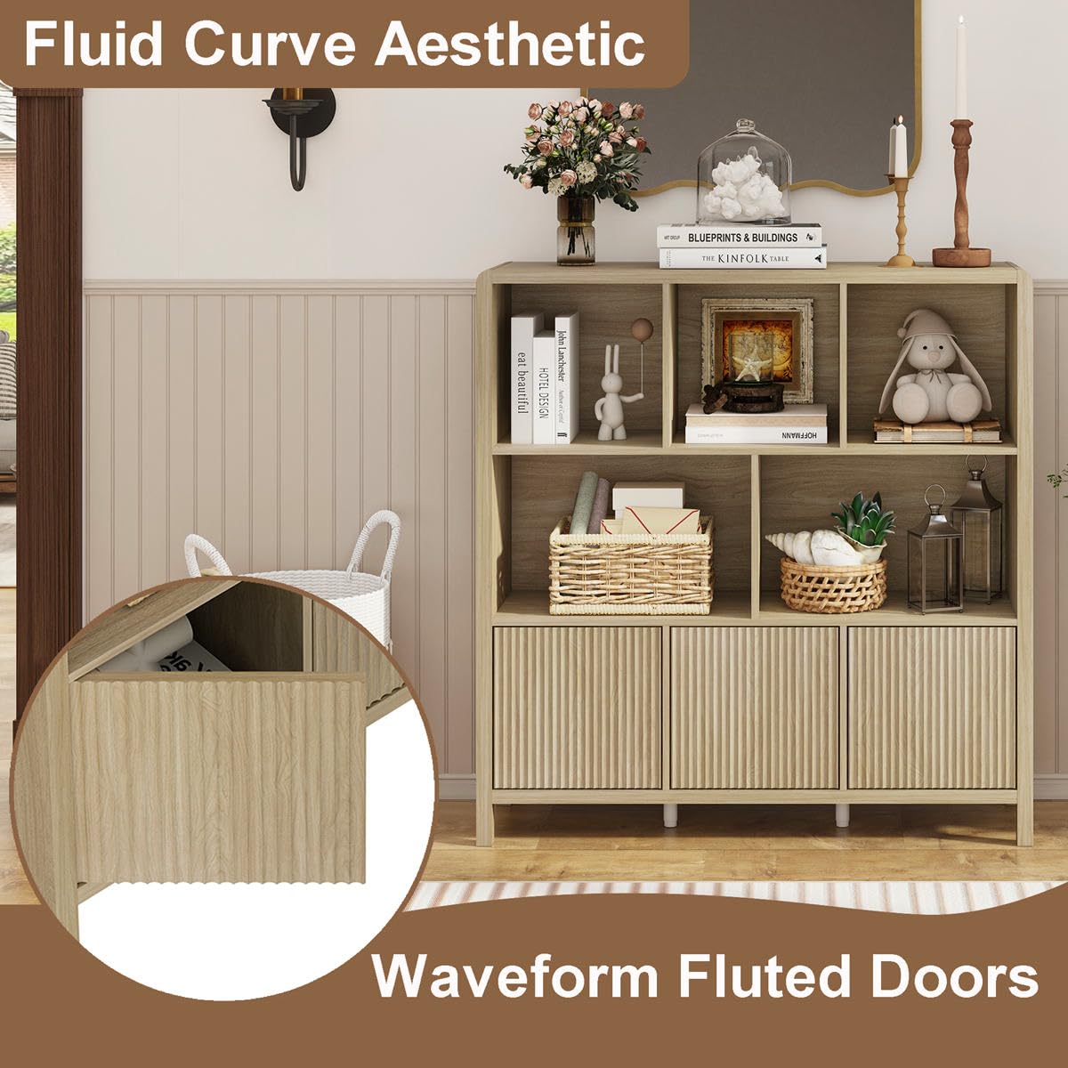 FATORRI 8 Cube Storage Organizer with Shelf, Rustic Wood Cube Bookshelf, Farmhouse Bookcase with 3 Doors, Cubby Book Shelf for Living Room, Home Office, Hallway (Light Walnut) FATORRI