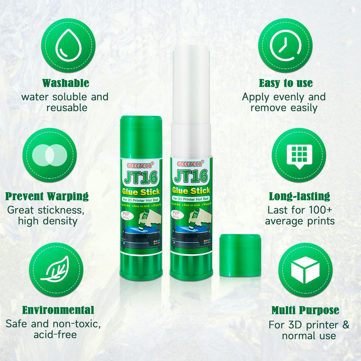 3D Printer Glue Sticks, 36 Grams Each PVP Solid Glue Sticks for Hot Bed Plate, Washable, Non-Toxic, Reduce Warping for PLA, ABS, PETG, HIPS, TPU Filament on PEI, Glass, Aluminum, Buildtak Board, 6Pcs GIANTARM