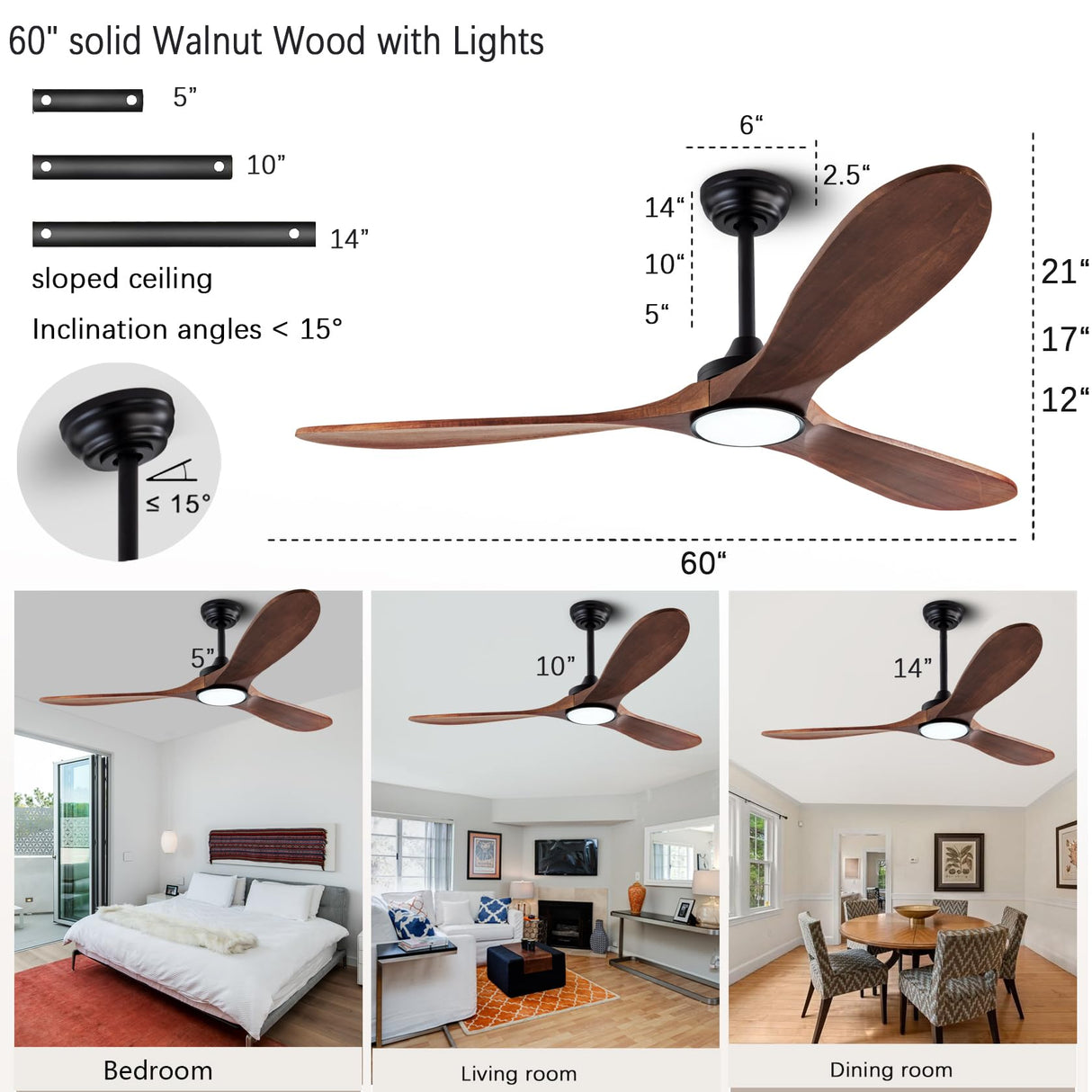 QUTWOB 60" Wood Ceiling Fans with Lights and Remote Control,Indoor Outdoor 3 Blades Wooden Ceiling Fan for Garage,Patio,Living Rooms,Bedrooms,Offices,Farmhouse(Black+Dark Walnut) QUTWOB