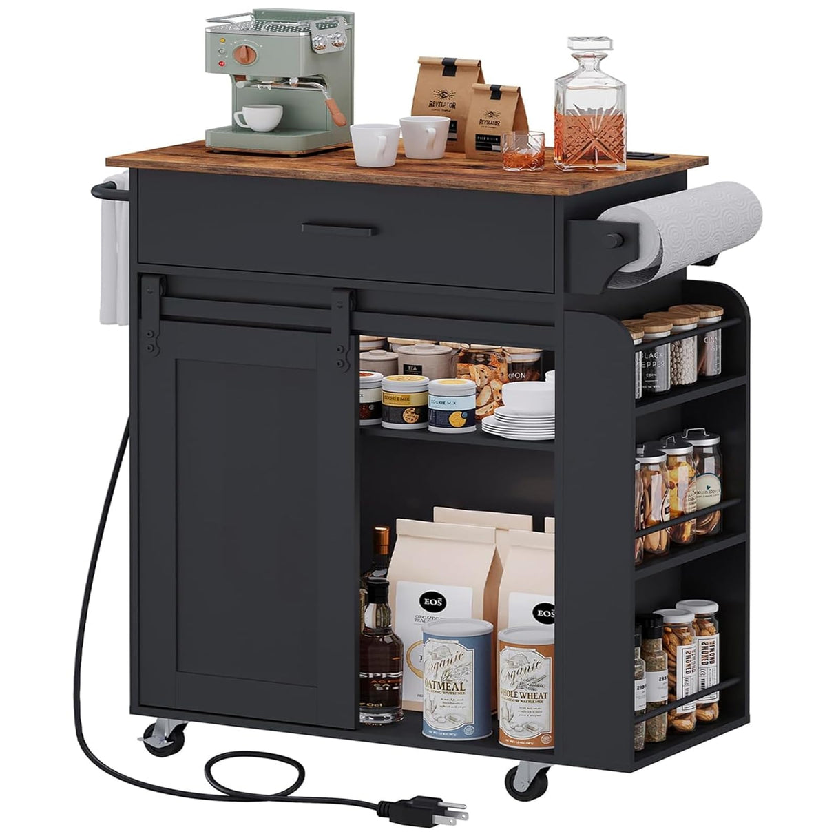 YATINEY Kitchen Island with Storage, Kitchen Storage Cabinets with Charging Station, Kitchen Island on Wheels, Rolling Island Table with Sliding Cabinet Door, Black and Rustic Brown ZD01UBR YATINEY