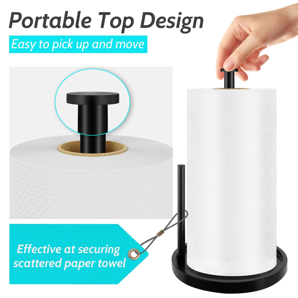Paper Towel Holder Countertop, Standing Paper Roll Holder with Anti Slip Weighted Base, Stainless Steel Freestanding Paper Towel Holder for Kitchen, Black STWWO